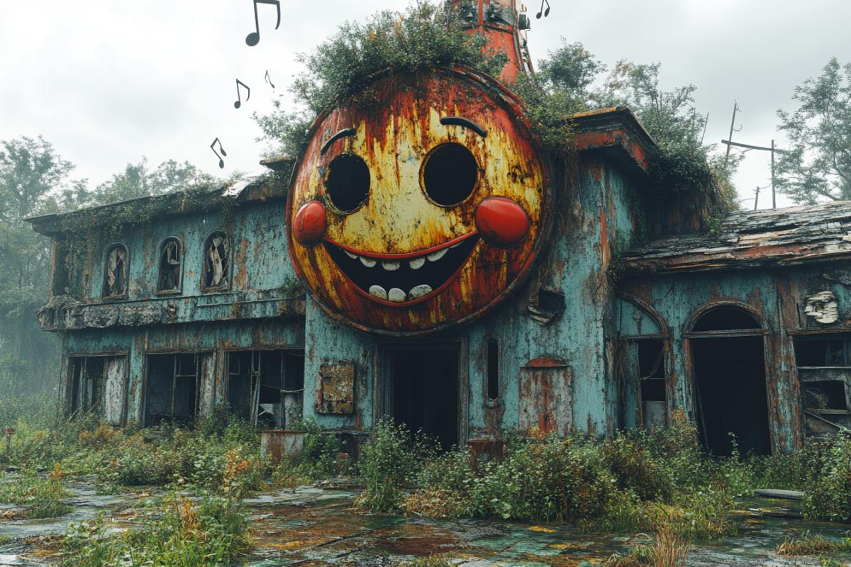 Enchanted abandoned theme park, smiling cartoon faces on nature-reclaimed rides, cotton candy clouds, musical notes floating from rusty speakers, cheerful animal inhabitants, pastel color palette, Disney-esque art style