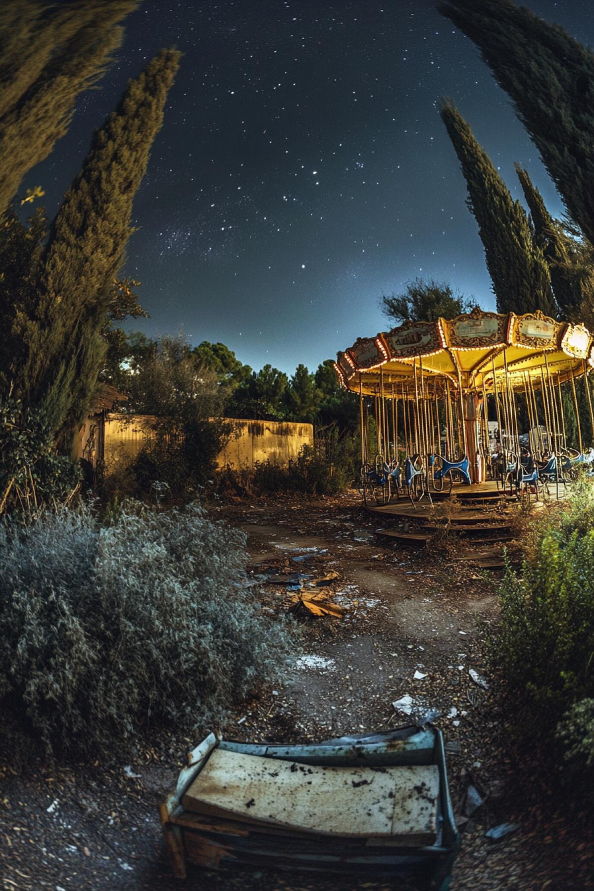 Old disneyland with broken merry-go-rounds here and there old broken hotdog trolley, garbage and everywhere thick vegetation bushes and big dirty trees postapocalyptic frightening spooky nightmare sight low view under starry night skies fisheye lens detailed photo
