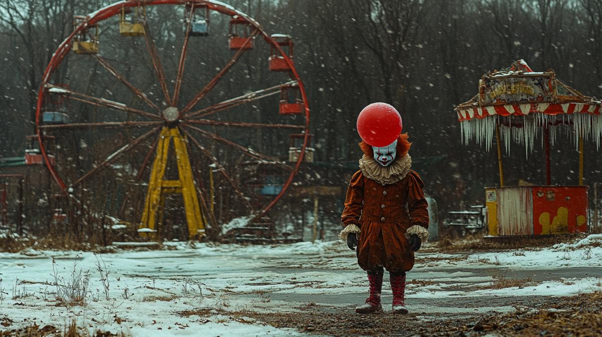 Pixar-style abandoned amusement park in winter, vibrant yet eerie atmosphere, covered in a gentle layer of snow, rusty but cheerful rides like a colorful ferris wheel and a frozen carousel, soft snowfall creating a peaceful winter wonderland, Pennywise the Clown peeking from behind a cotton candy stand, his sinister grin visible, holding a red balloon that contrasts with the snowy background, playful yet unsettling, icicles hanging from the rides, a few flickering holiday lights drawing a warm glow in the cold setting, ultra-detailed, 8K, cinematic lighting, Pixar animation meets horror