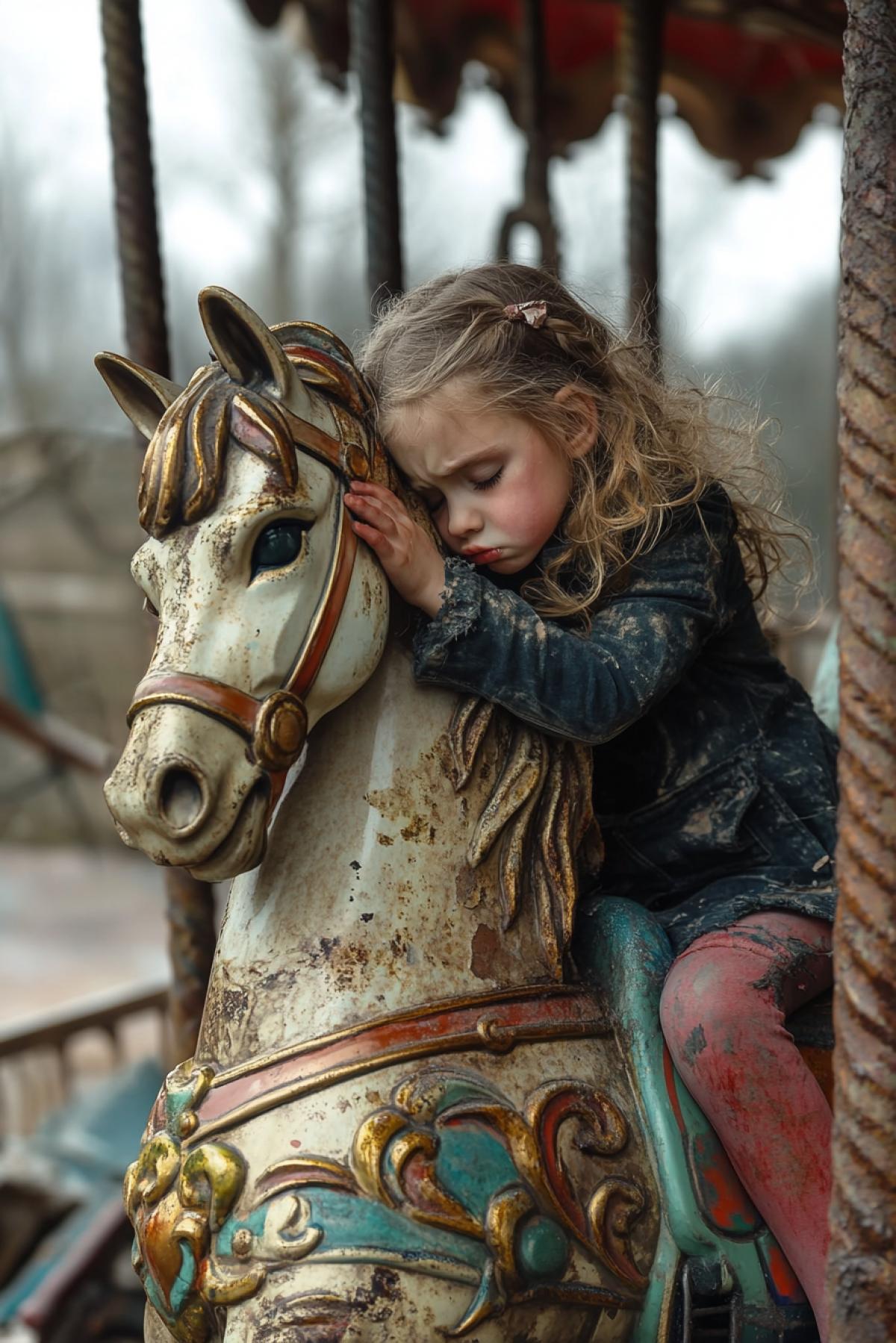 Nice Sad little girl weeping hugging paperweight coloured horse on broken old merry-go-round post apocalypse mess around detailed photo