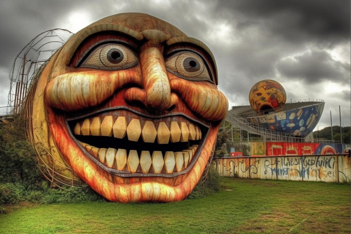 old humanless, lifeless deserted amusement park, mysterious but cheerful atmosphere, overgrown paths and attractions, artist style of Salvador Dali
