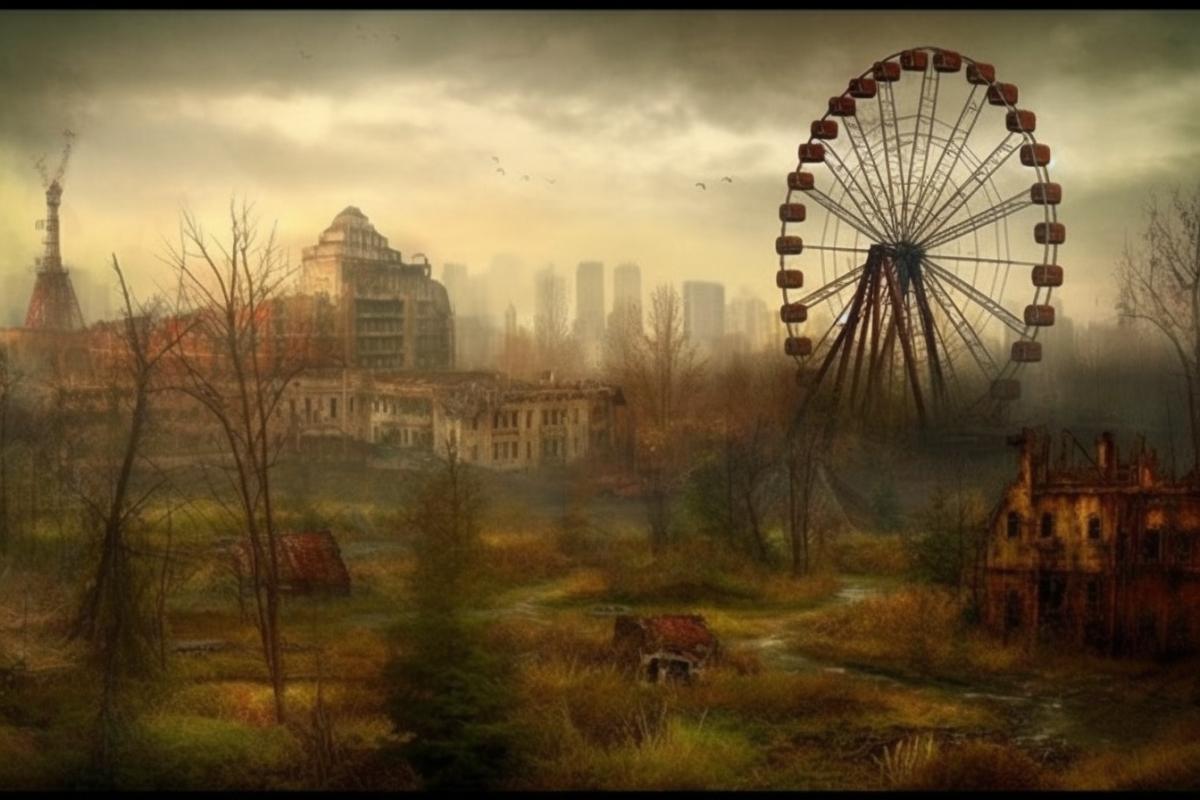 old humanless, lifeless deserted amusement park, mysterious but cheerful atmosphere, overgrown paths and attractions, artist style of Гигер