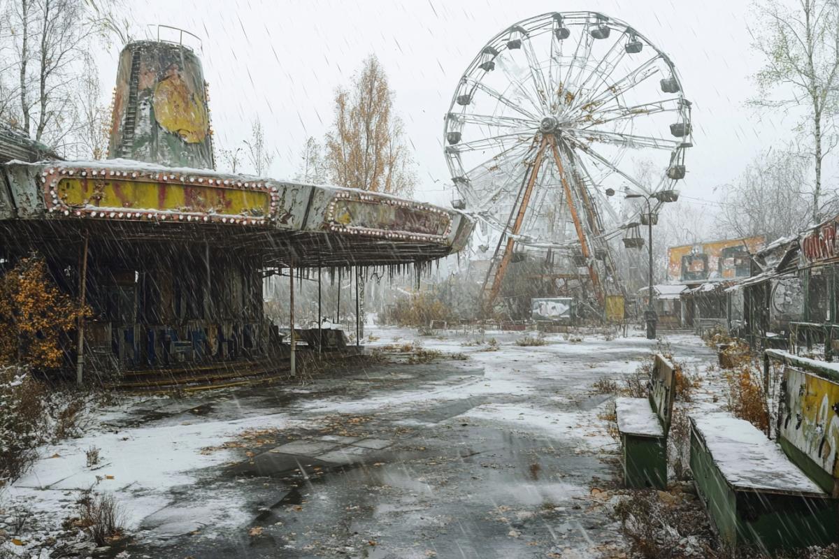 half-flooded half-frozen old deserted amusement park, leaned beaten attractions, broken ferris wheel, dull atmosphere