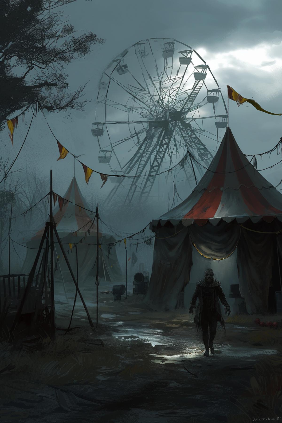 Old abandoned circus, old scary tent, evil clown walking in the back of the tent, horror style, night, ominous lighting, dark sky, light fog , attractions , with a dark, rusty Ferris wheel in the backgroun, by Jakub Rozalski, close up, front view, high detail environment, high detail image contours, high quality