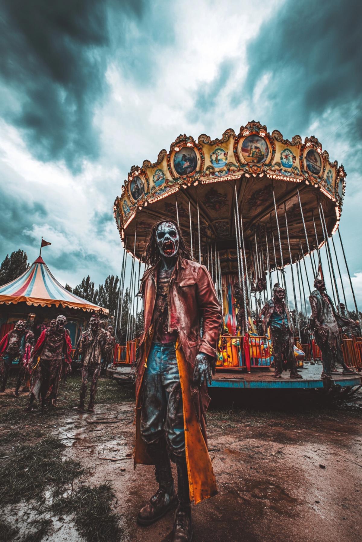 Several angry aggressive Zombies wondering around in old destroyed dirty Disneyland on the background of broken merry-go-round and h broken hotdogs trolley gloomy rainy day heavy clouds bright vibrant colours detailed photo