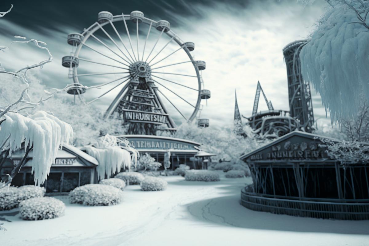 icy desert and old deserted amusement park in it, leaned beaten attractions, broken ferris wheel фand roller coaster all covered with giant icicles, freezing atmosphere, white and dark