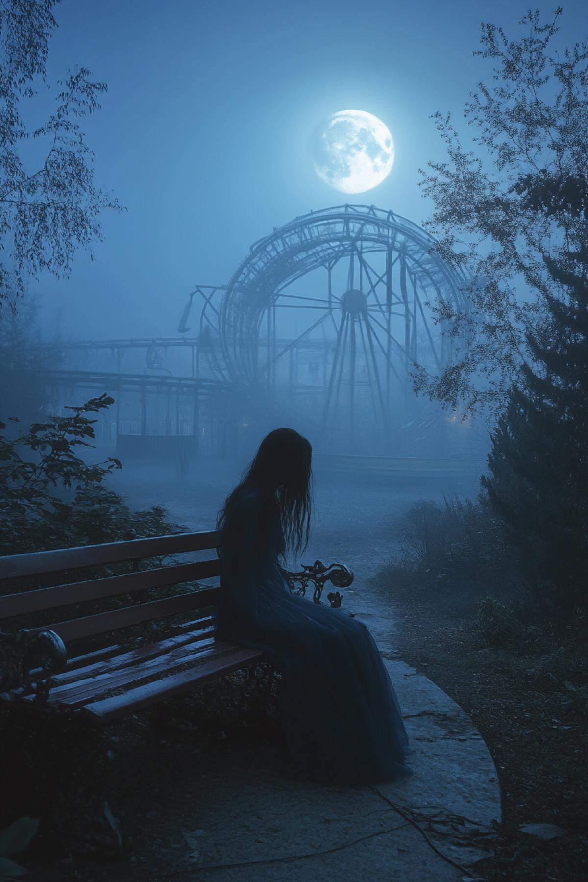 Mysterious abandoned amusement park, moonlit night, advancing fog, photorealistic style, intricate details, mystical lighting, sad ghost woman on a bench