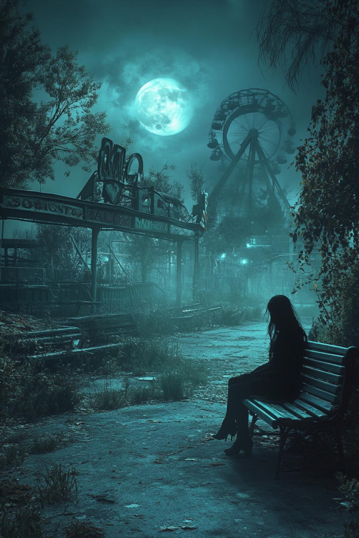 Mysterious abandoned amusement park, moonlit night, advancing fog, photorealistic style, intricate details, mystical lighting, sad ghost woman on a bench