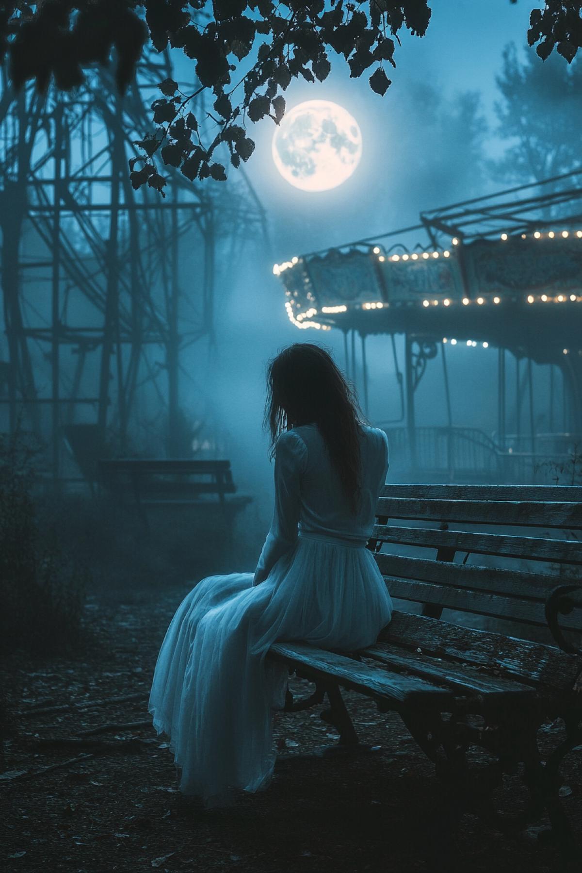 Mysterious abandoned amusement park, moonlit night, advancing fog, photorealistic style, intricate details, mystical lighting, sad ghost woman on a bench