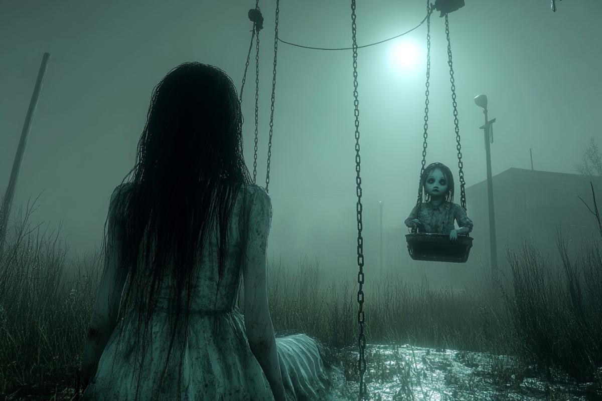 sad little ghost girl with a broken doll on a swing, mysterious abandoned amusement park, moonlit night, photorealistic style, intricate details, mystical lighting, green glowing fog