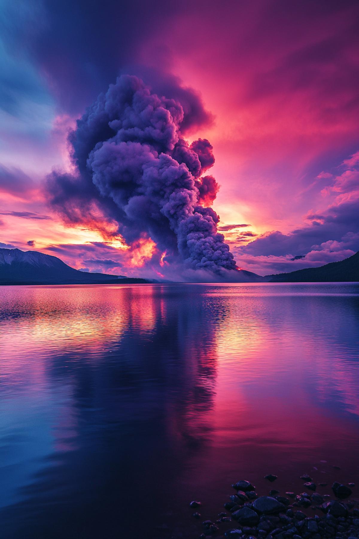 Thick smoke on the water bright fire in the sky epic photo in deeppurple framework