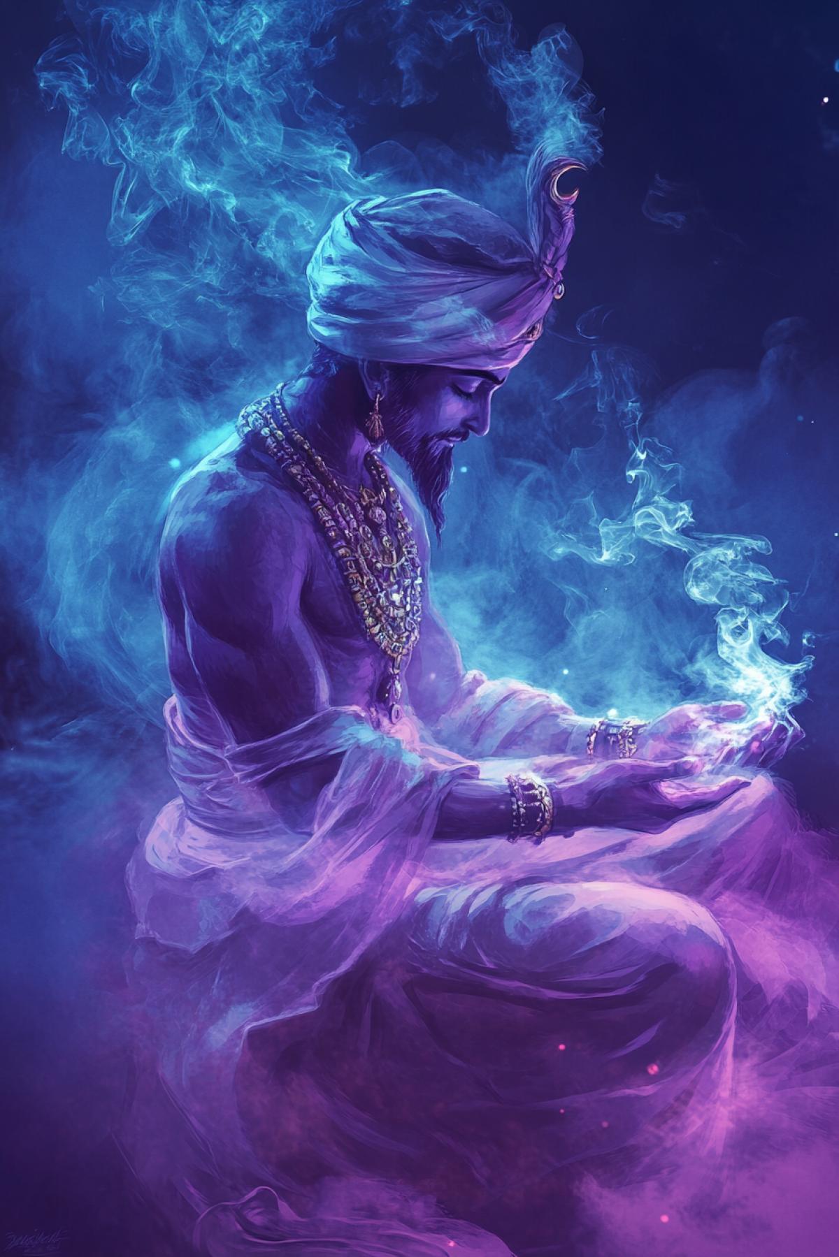 Mysterious Genie made of smoke great and terrific the Arabian nights illustration