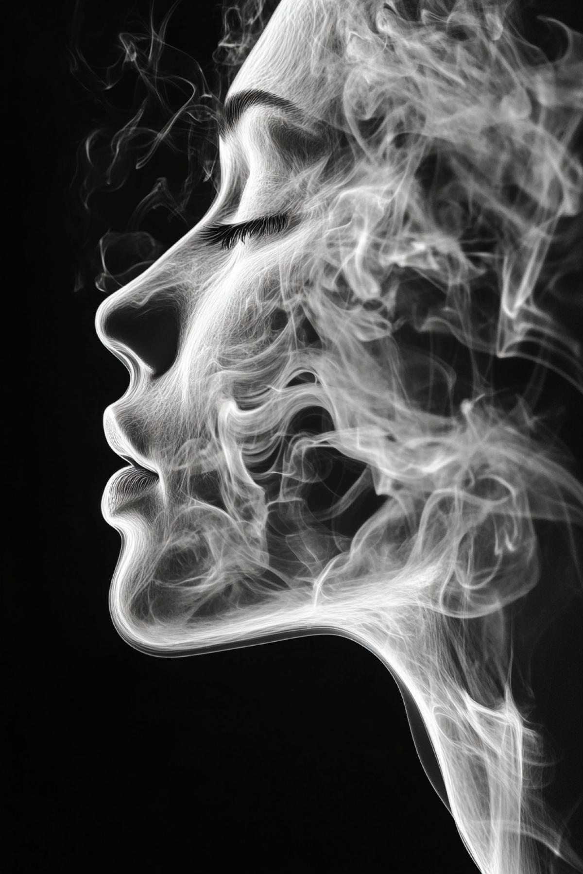 White smoke in shape of The most beautiful 23yo girl made of smoke as dream of love illustration