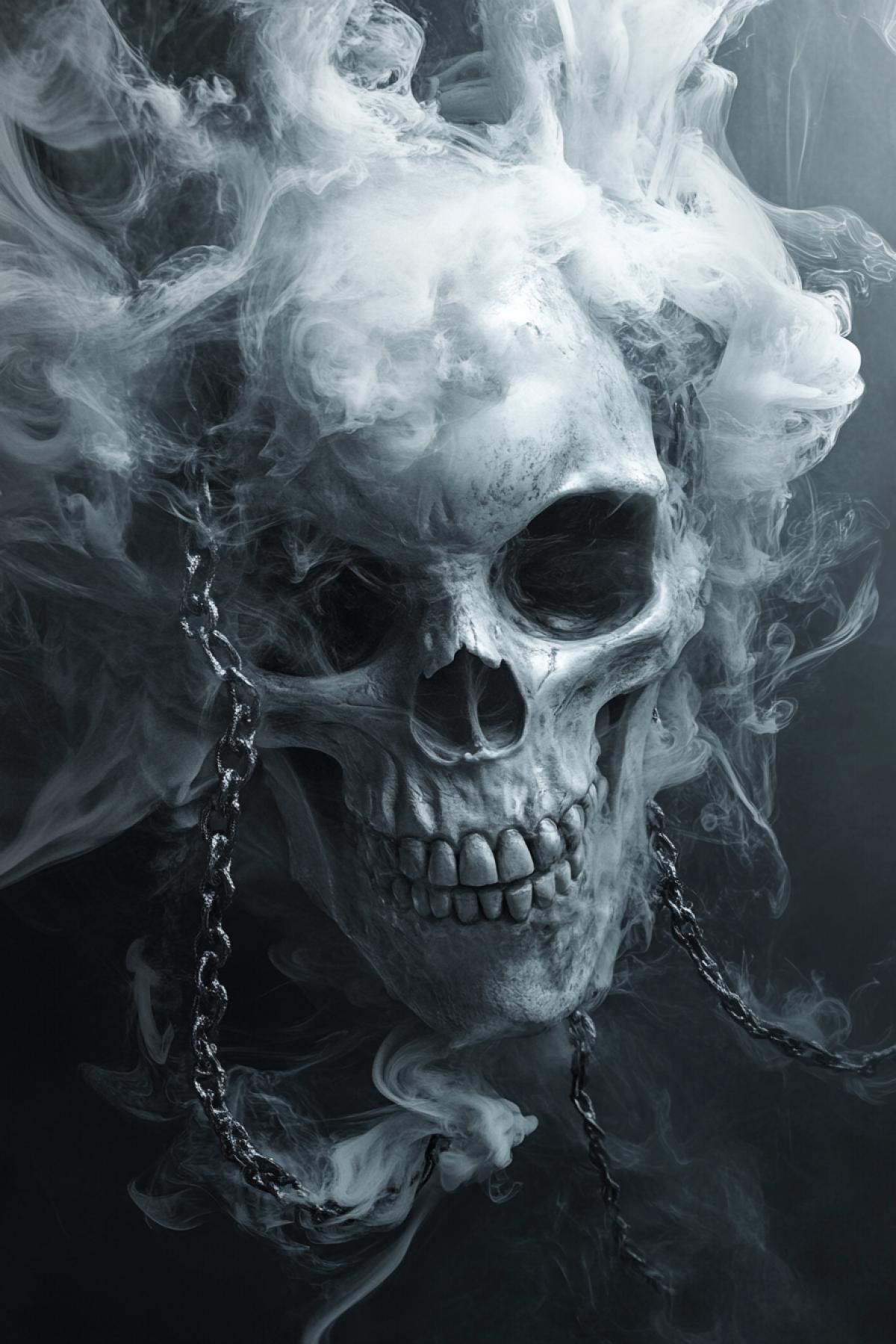 A dark and mysterious digital art piece featuring an ethereal skull with smoke swirling around it, adorned by chains that appear to be made of mist or fog. The background is dark gray, creating contrast against the white cloud-like vapor emanating from the skeletons mouth. This com4k adds intrigue and mystique to the overall atmosphere, making for a visual experience.