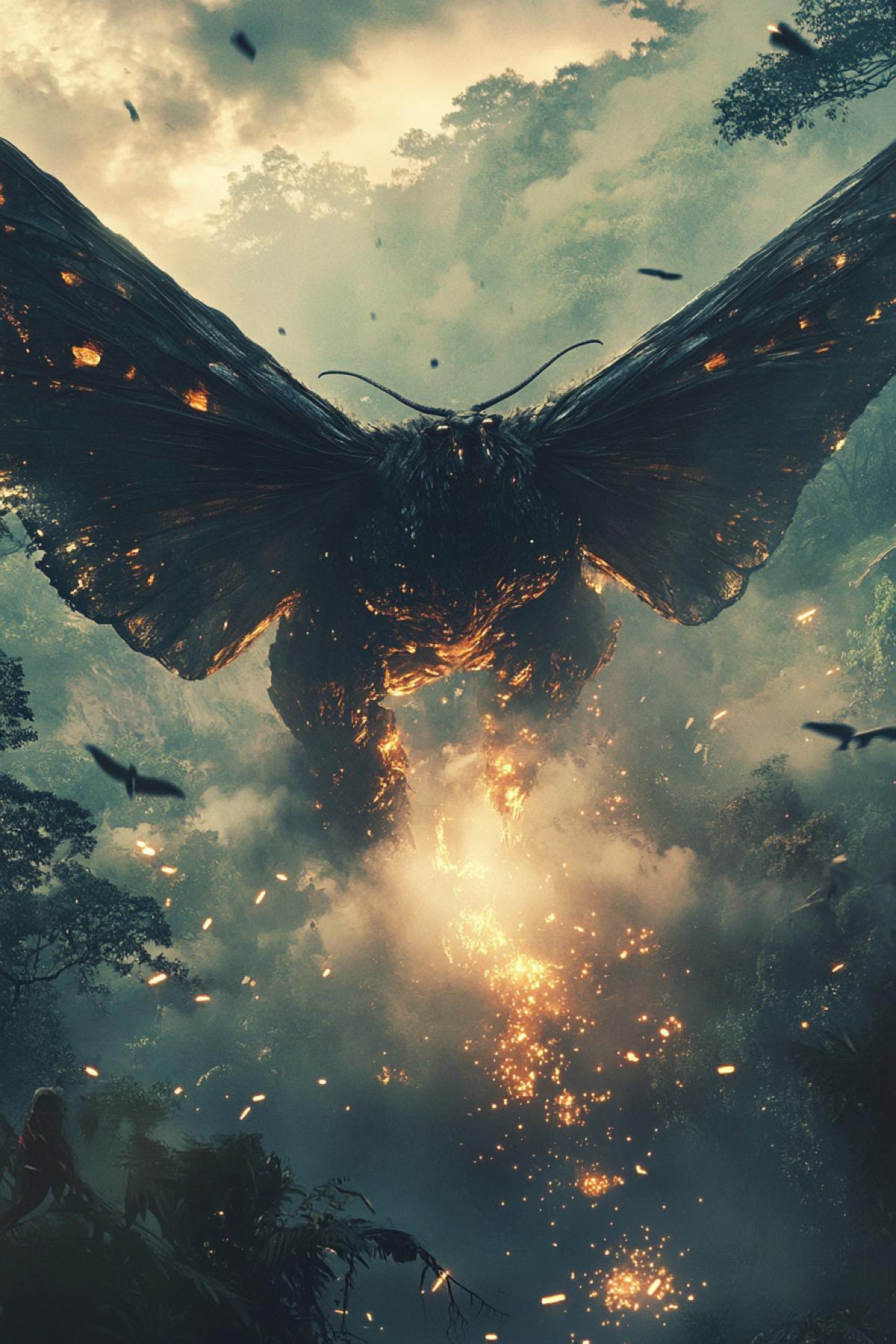 Detailed cinematic-style graphics depicting a giant insect daikaiju called Mothra. Resembling a moth, this enormous creature flies on its powerful wings above the rainforest, creating incredibly strong air currents, creating smoke with bright sparks within the smoke. Great, large-scale art.
