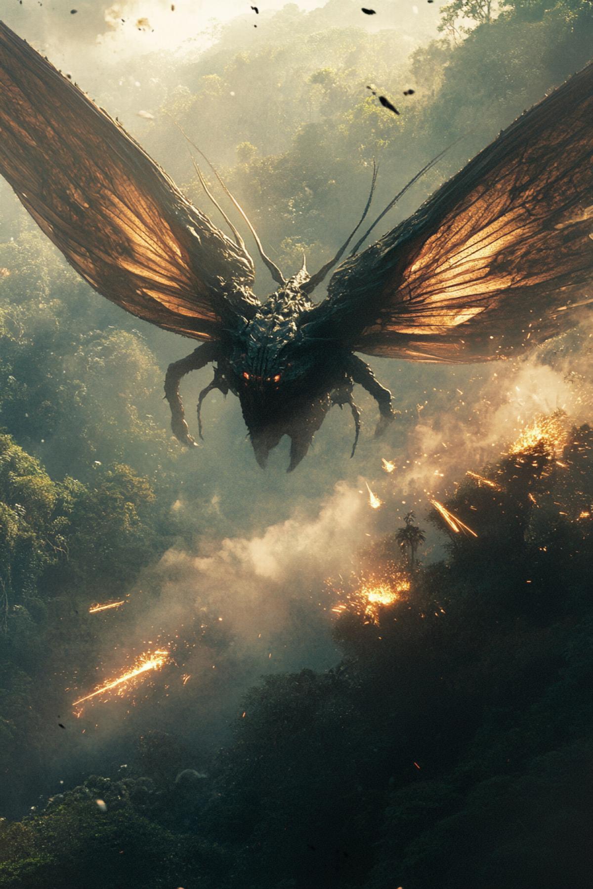 Detailed cinematic-style graphics depicting a giant insect daikaiju called Mothra. Resembling a moth, this enormous creature flies on its powerful wings above the rainforest, creating incredibly strong air currents, creating smoke with bright sparks within the smoke. Great, large-scale art.