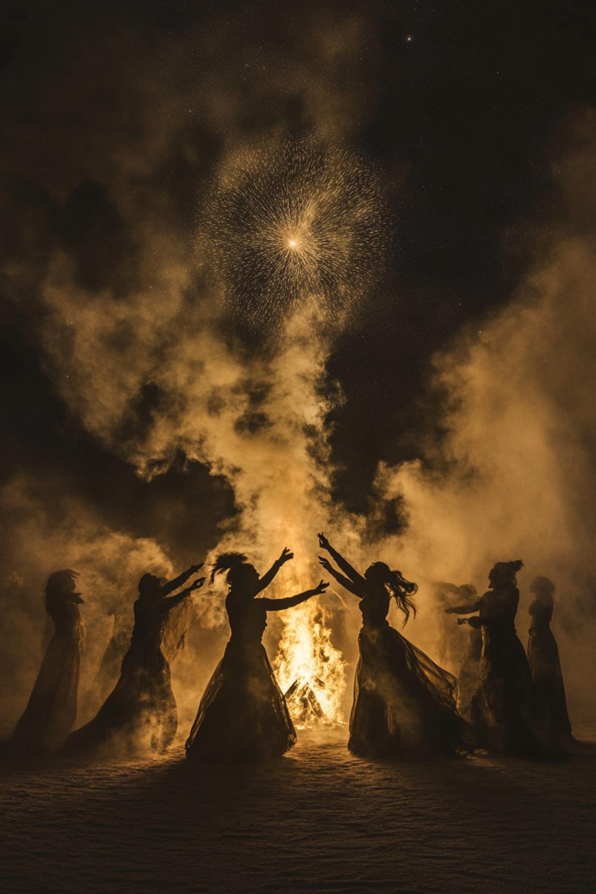 Smoke forming images of dancing silhouettes of people in the night desert. A big fire in the center, people dancing around create bright contrasts of light and shadows, smoke rises up and becomes part of the night starry sky. Moonlight and stars are reflected in their movements, luxuriousity and freedom.