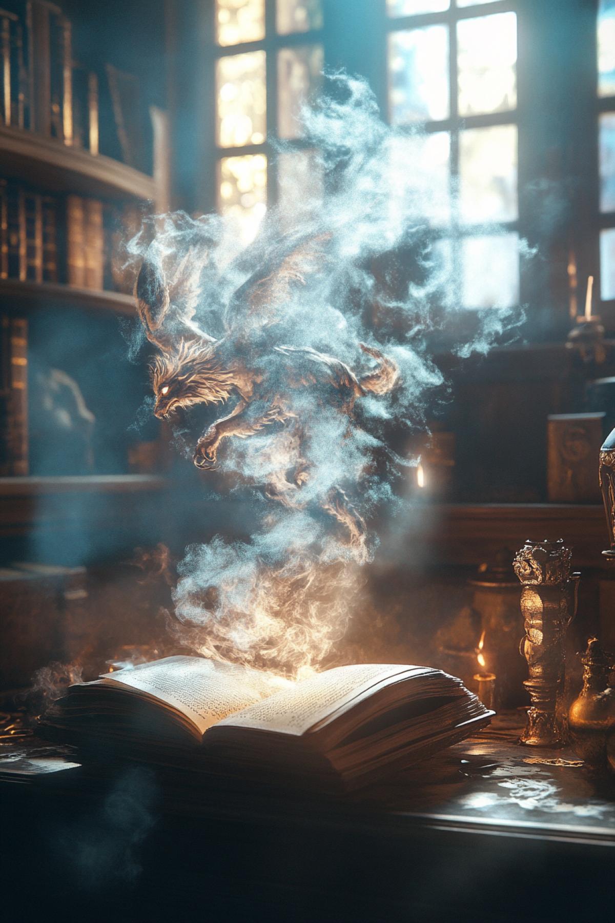 Smoke escaping from an ancient magical grimoire, floating in the air in the form of many mythical creatures: dragons, phoenixes, unicorns. A magical light comes from the book, the surrounding room is filled with antique objects and candles, a warm light, a mysterious atmosphere.
