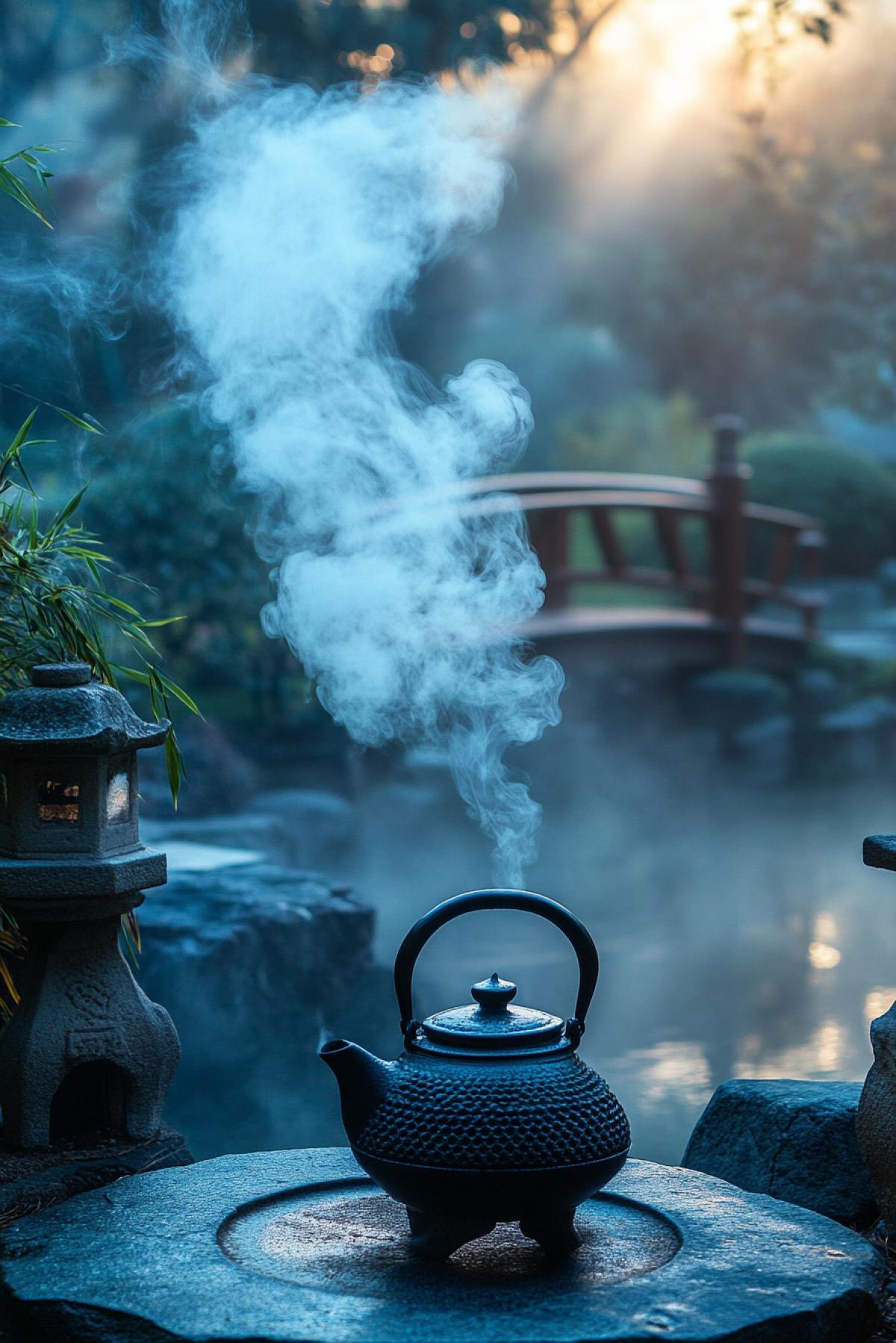 Thin wisps of white smoke rising from a Japanese style teapot, set against the backdrop of a traditional Japanese garden. Bamboo plants, stone lanterns and a bridge over a koi pond are all shrouded in light smoke. Light fog in the air, soft morning lighting, calm atmosphere.