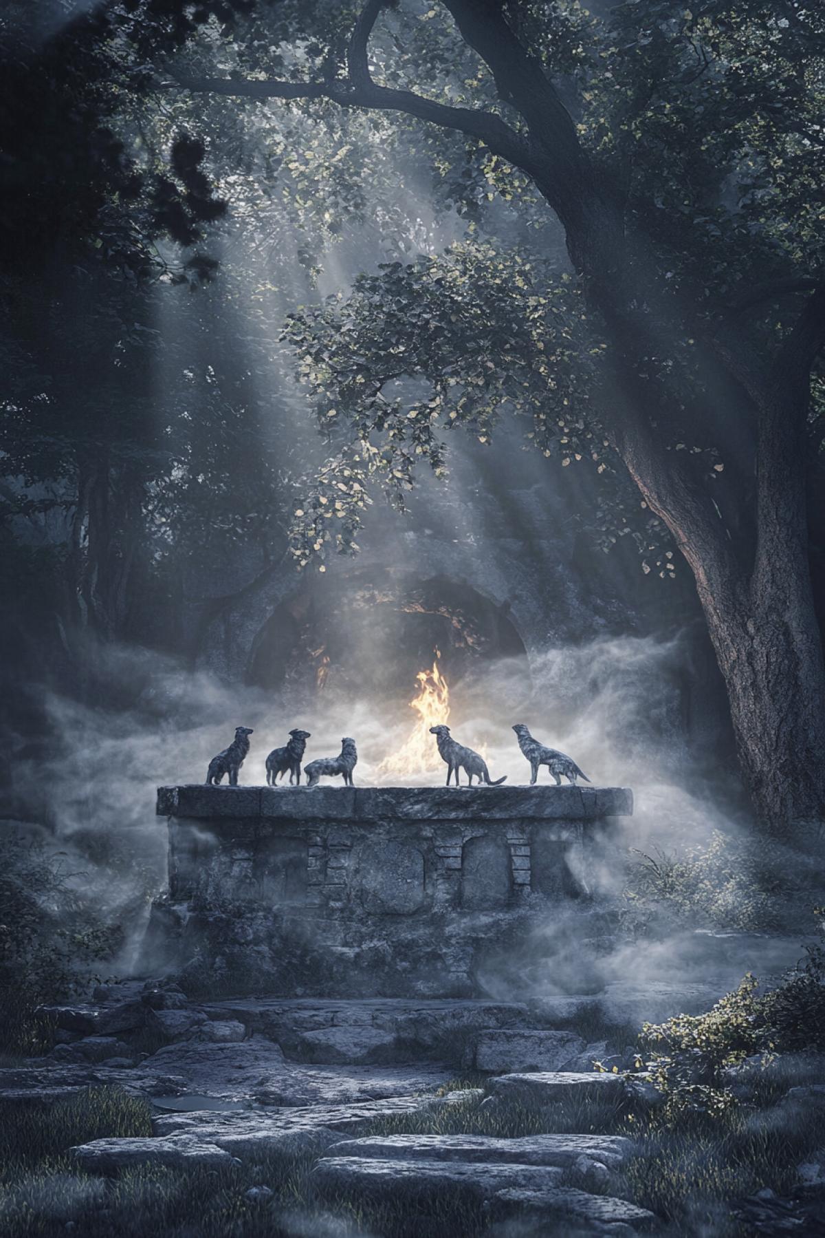 An ancient forest where smoke figures of animals slowly emerge from an old stone altar. Wolves, deer and birds of silver smoke surround the trees, as if legends come to life. The background is deep twilight, the light of a fire in the center, a mysterious atmosphere, reflections in drops of dew on the grass.