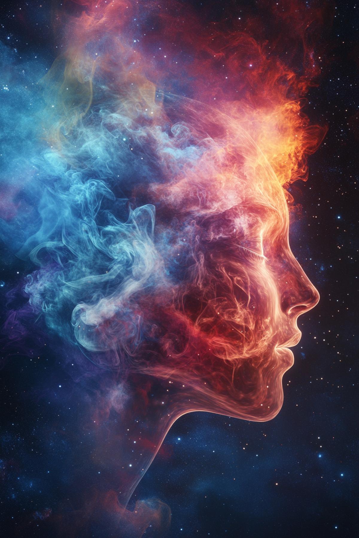 A giant transparent head filled with multi-colored smoke, which, like thought streams, bursts out through the ears, eyes, mouth, creating complex patterns and figures in the air. The background is abstract space with galaxies and stars. Glowing cloud effect, soft glow.