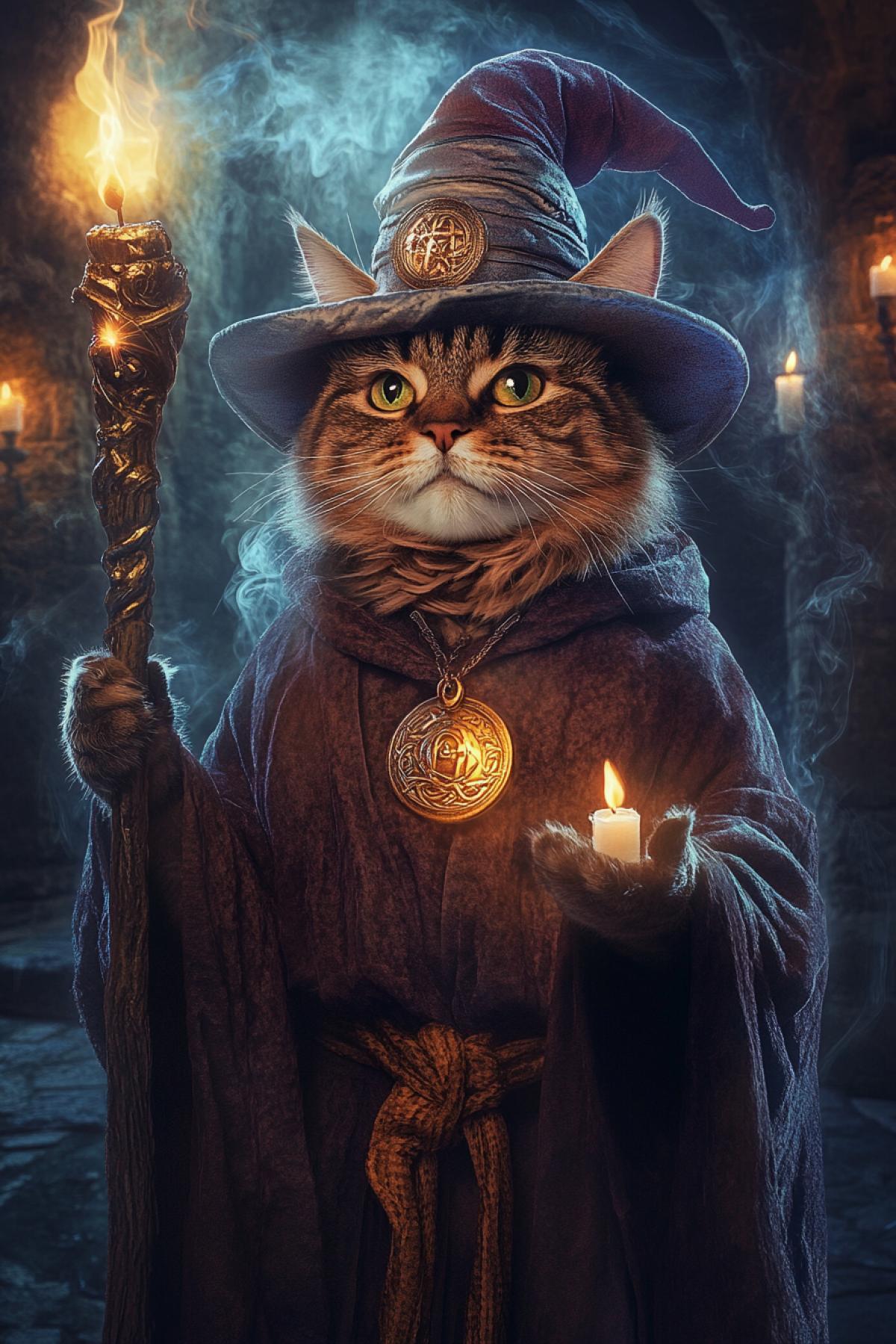 a mesmerizing scene where the cat assumes the role of a powerful wizard, adorned with a distinctive hat, a magical medallion, and armed with a magical staff, surrounded by mystical energy, casting spells and controlling the forces of magic, otherworldly grace, mesmerizing details, the glow of the staff, smoke, candles, grotto