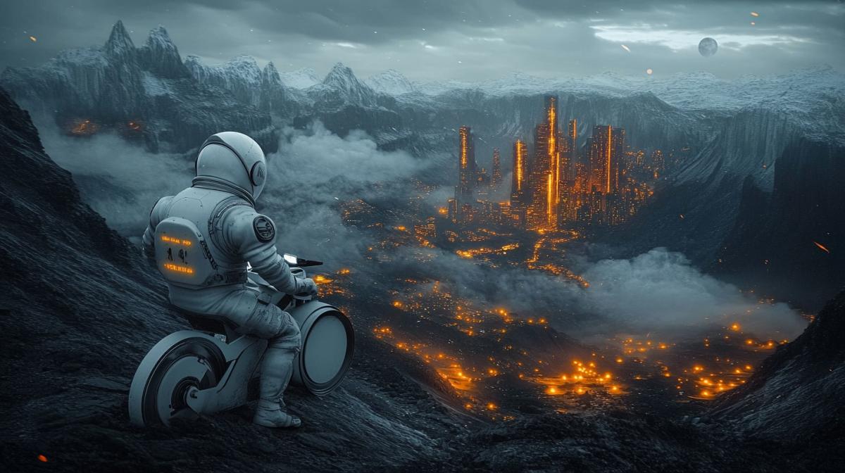 In the style of futurism, an astronaut rides through mountainous terrain on a futuristic snow-white bicycle, in front of him is a view of the city with glowing windows and street lamps, sparks, and creeping fog