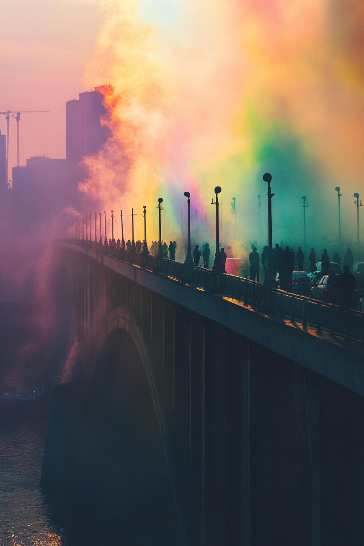 A big city bridge in the morning fog, where multi-colored smoke seems to be flowing from the bridge, forming a rainbow. People and cars on the bridge look ghostly because of the smoke that envelops them. In the background is the rising sun breaking through the smoke, the light creates soft and warm rays, reflections in the river water.