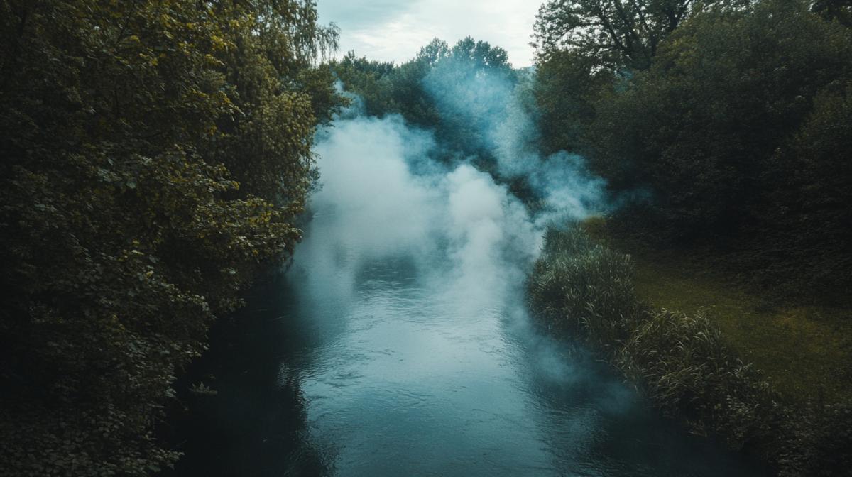 Thick smoke drifting over the clear river