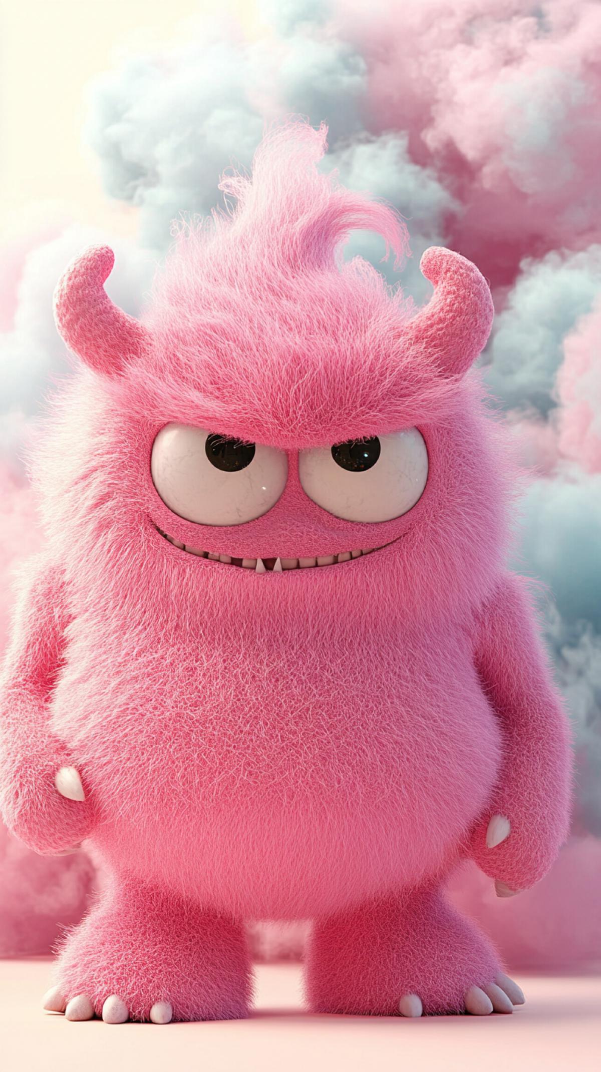 Cute pink plush monster in pink and blue smoke on delicate background, 3D cartoon, film photography, subject photography, high definition details