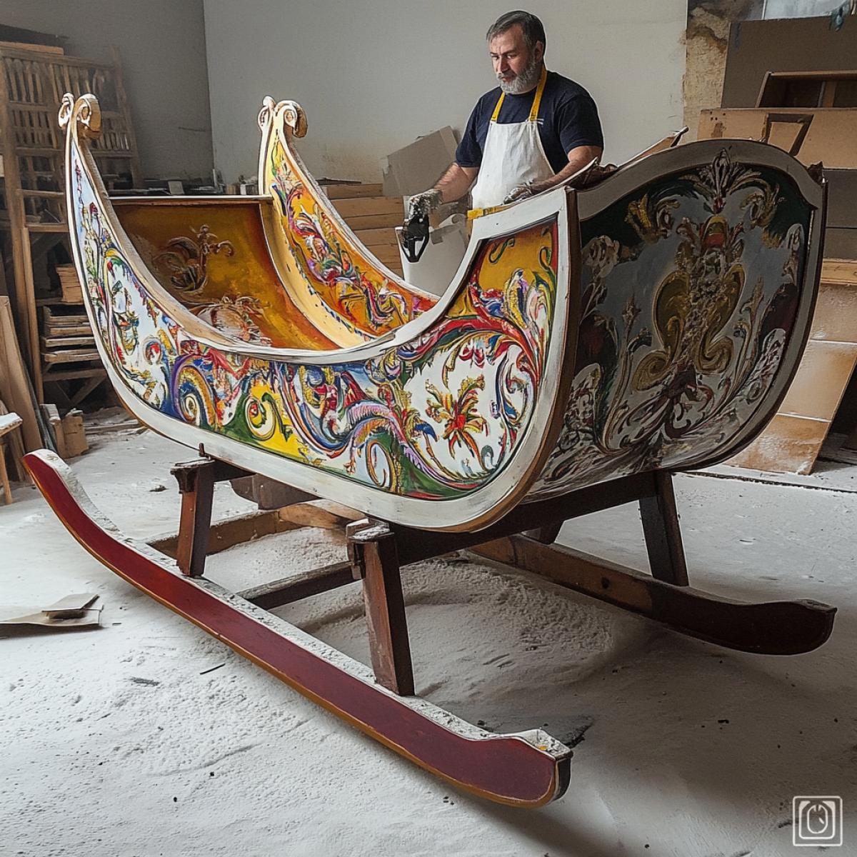 Hot summer. Workshop. A tired artist in a apron has just finished working on a stunningly painted sleigh. He steps back a little and admires his completed work. The sleigh turned out very beautiful, decorated in the style of Khokhloma.