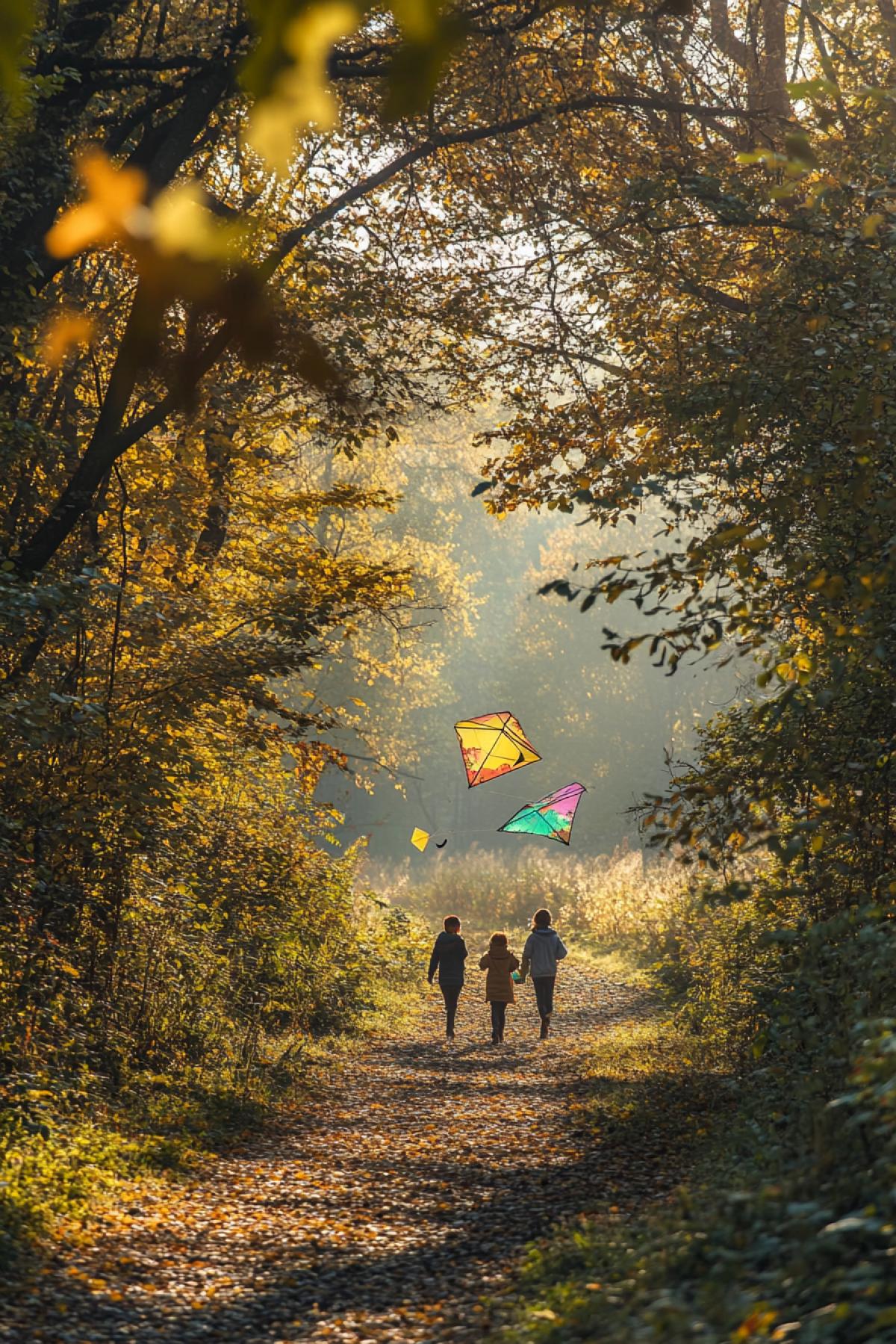 🟥 A forest path strewn with colorful leaves: green, yellow and the first red ones. The suns rays break through the thick foliage, creating light spots on the ground, a couple of people walk along the path, holding kites in their hands. There are small moths in the air, the last warm breeze. In the background are golden fields under the light of the setting sun. Light haze on the horizon, soft focus to convey a dreamy atmosphere.