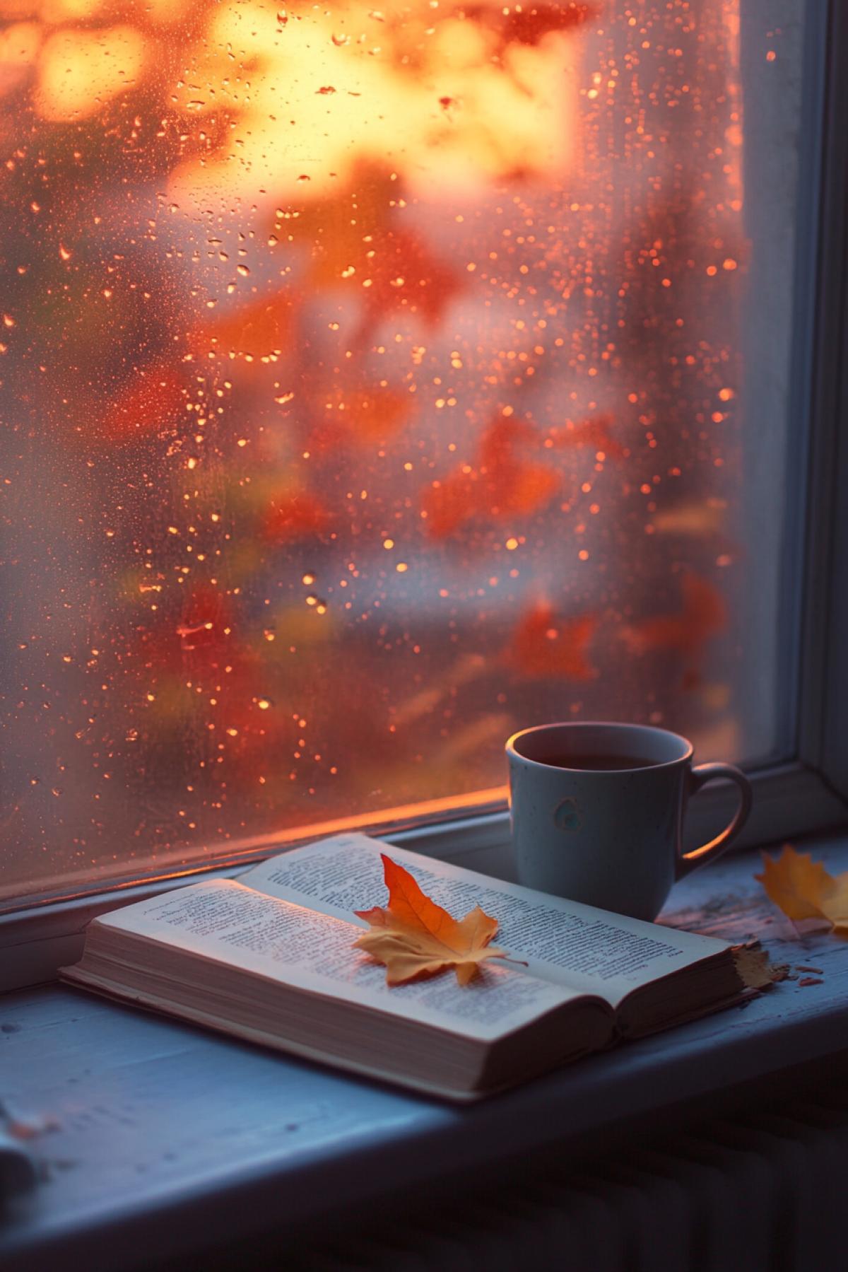 🟥 The window of a city apartment through which you can see the sunset in warm colors of orange and pink. On the windowsill there is an old book, a mug of tea, and several yellowing leaves blown by the wind. There are drops of water on the glass from the recent farewell summer rain. In the reflection of the window is a wall of ivy, beginning to change color to red. The light creates long shadows and a warm glow on all objects, a feeling of comfort and peace.