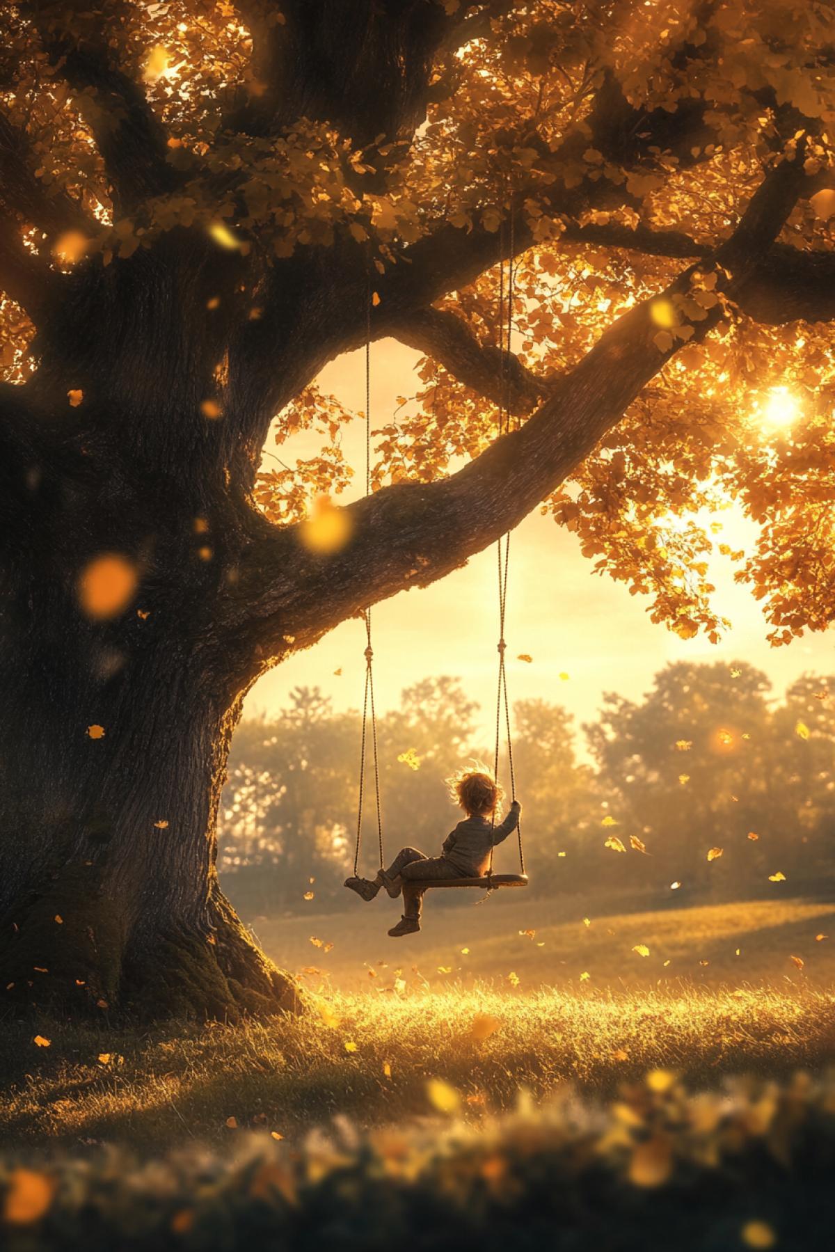 🟥 A big old tree in a field with a swing on ropes hanging from its branches. A child sits on a swing, raising his legs in the air, his hair fluttering in the light breeze. The first yellow leaves are falling under the tree, and the suns rays break through the thick foliage, creating warm spots of light. In the background are golden fields and a forest changing from green to autumn crimson. Gentle and soft lighting, creating a feeling of joy and melancholy at the same time.