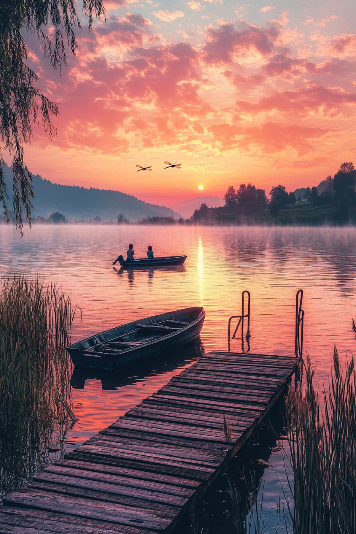 🟥A village lake at sunset, where an old wooden pier goes into the water. A light mist rises above the water, reflecting the golden-pink sky. There are a couple of children on the pier, and an empty boat off the shore in the background. The last summer dragonflies are flying over the lake. A light breeze sways the reeds, the bright colors of the sunset mix with the dark green shades of the foliage. Warm, soft lighting that creates a feeling of nostalgia and calm.