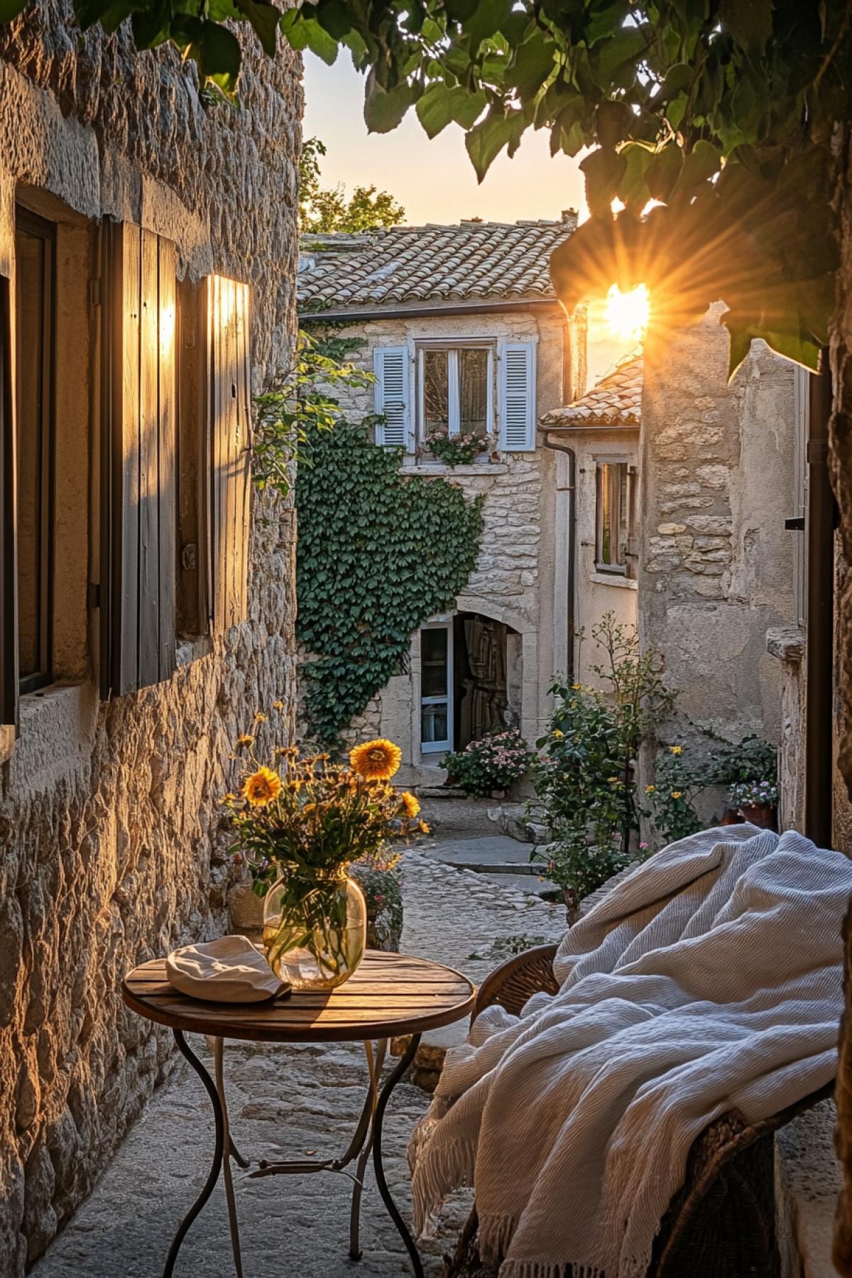 🟥 A cozy European-style courtyard surrounded by stone houses with walls overgrown with ivy. There is a vase with the last wildflowers on a small table, and a summer blanket is thrown on a chair. The gentle golden light of the sunset penetrates between the houses, reflected in the ancient windows, creating warm reflections. A light breeze flutters the curtains on the open windows, a feeling of calm and comfort mixed with a premonition of the coolness of autumn.