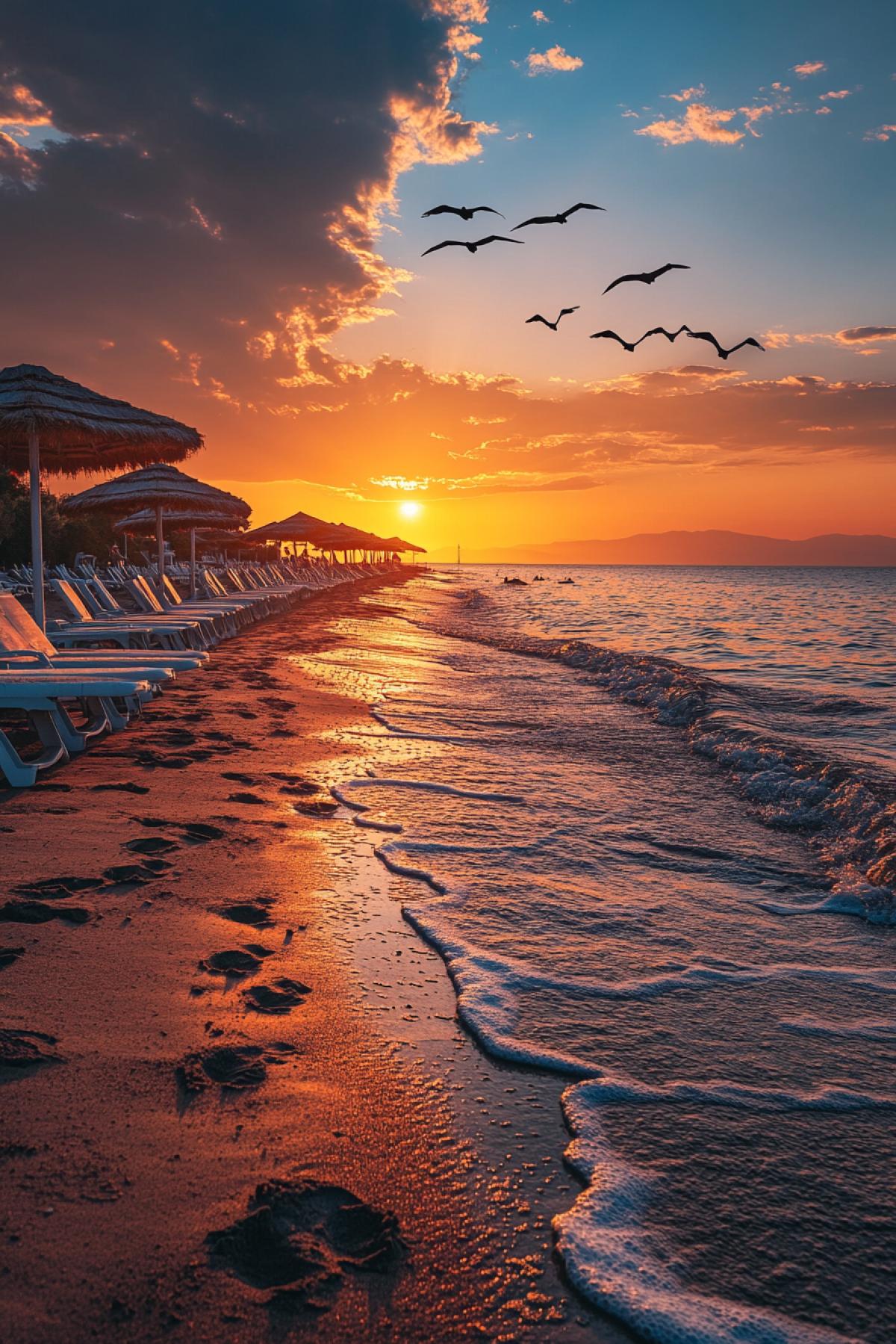🟥 An empty beach at sunset, where empty sun loungers and umbrellas are scattered, the sea is slightly agitated under the soft evening breeze. The last vacationers walk away along the wet sand, leaving footprints. In the sky are wedge-shaped migratory birds flying south. On the horizon is a mixture of deep blues and golden hues of sunset, conveying a sense of completion and calm, the last moment of summer before the onset of autumn.