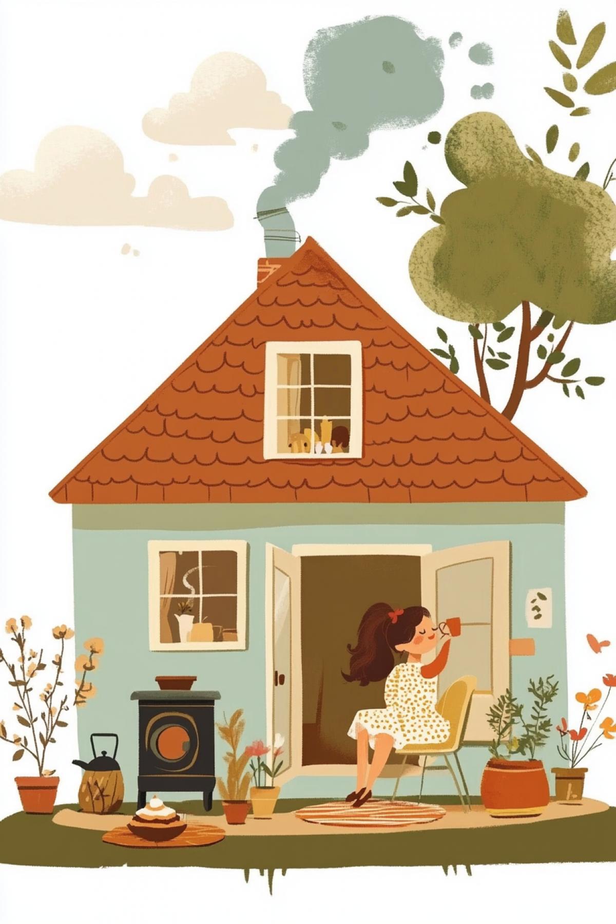Laconic graphics, a drawing with watercolor pencils, a cute house, in which a girl is drinking tea by the window, a round cake, a vase of flowers, an iron stove with a pipe on the roof, a floor lamp, a carpet, a flowerpot with a plant near the house, an orange roof, against the backdrop of a spreading tree home, clouds, soft tones, clear, simple lines