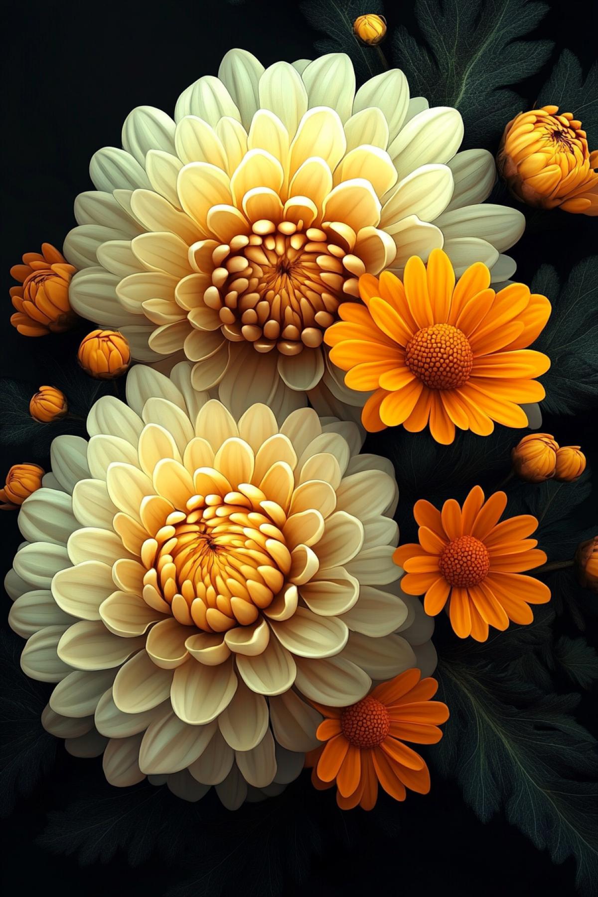 hybridization of varietal yellow lush chrysanthemum and orange daisy; realistic photo, postcard, high detail