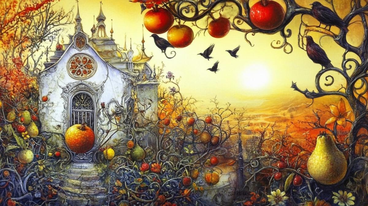 A surreal com4k of an old white house surrounded by fruit and flowers, with the setting sun in the background, in the style of Daniel Merriam, Josephine Wall and Zdzislaw Beksiński. The stage is decorated with intricate patterns and fantastic elements: birds flying in the air carry big fruits, creating a fairy-tale atmosphere. At one end of the painting stands a large ornate gate, symbolizing the entrance to another world filled with vibrant colors and mystical creatures.