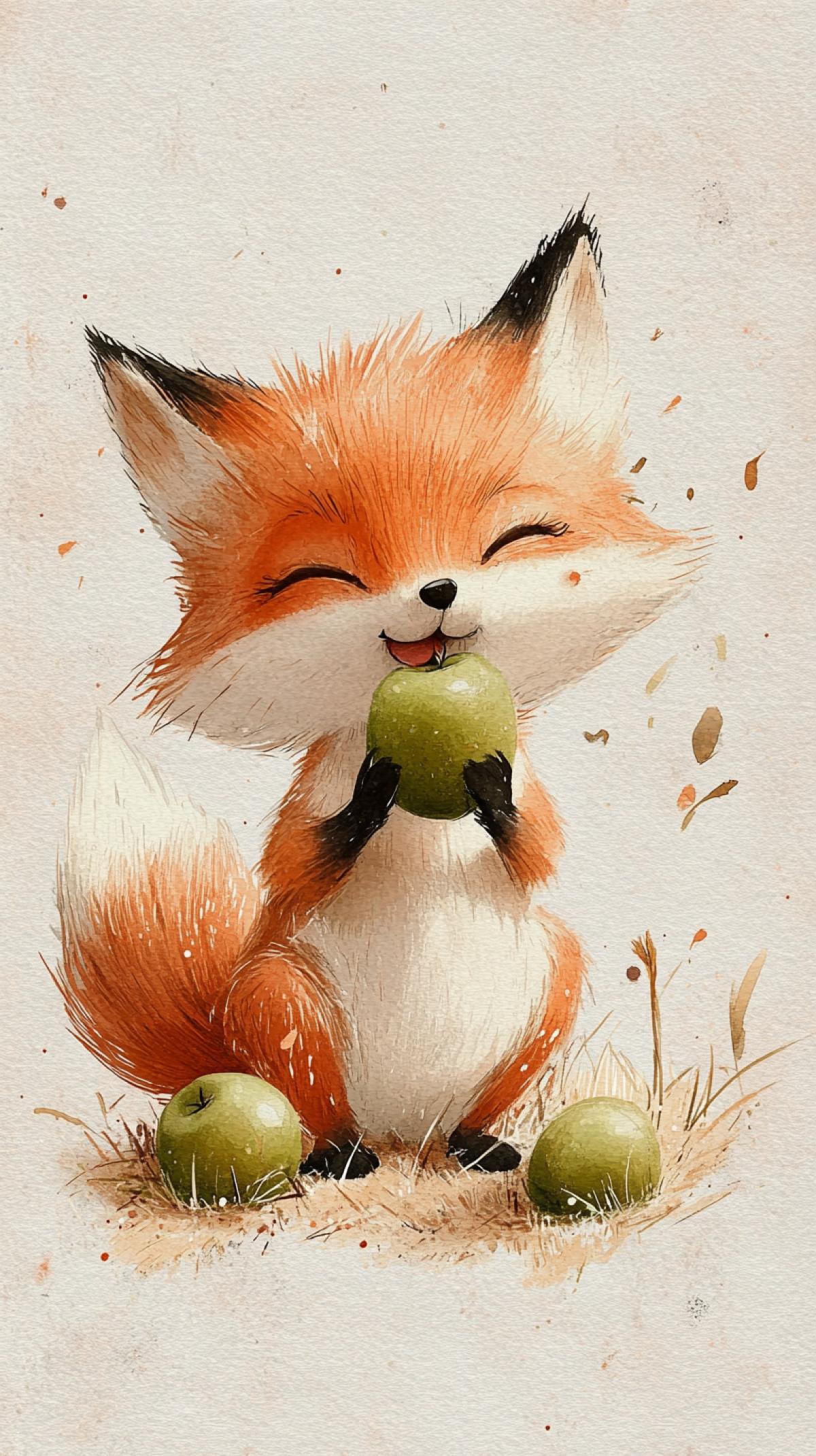 A cute, fluffy watercolor little fox with crooked legs appetizingly eats green apples, one apple in his paws, three lying at his feet in the grass