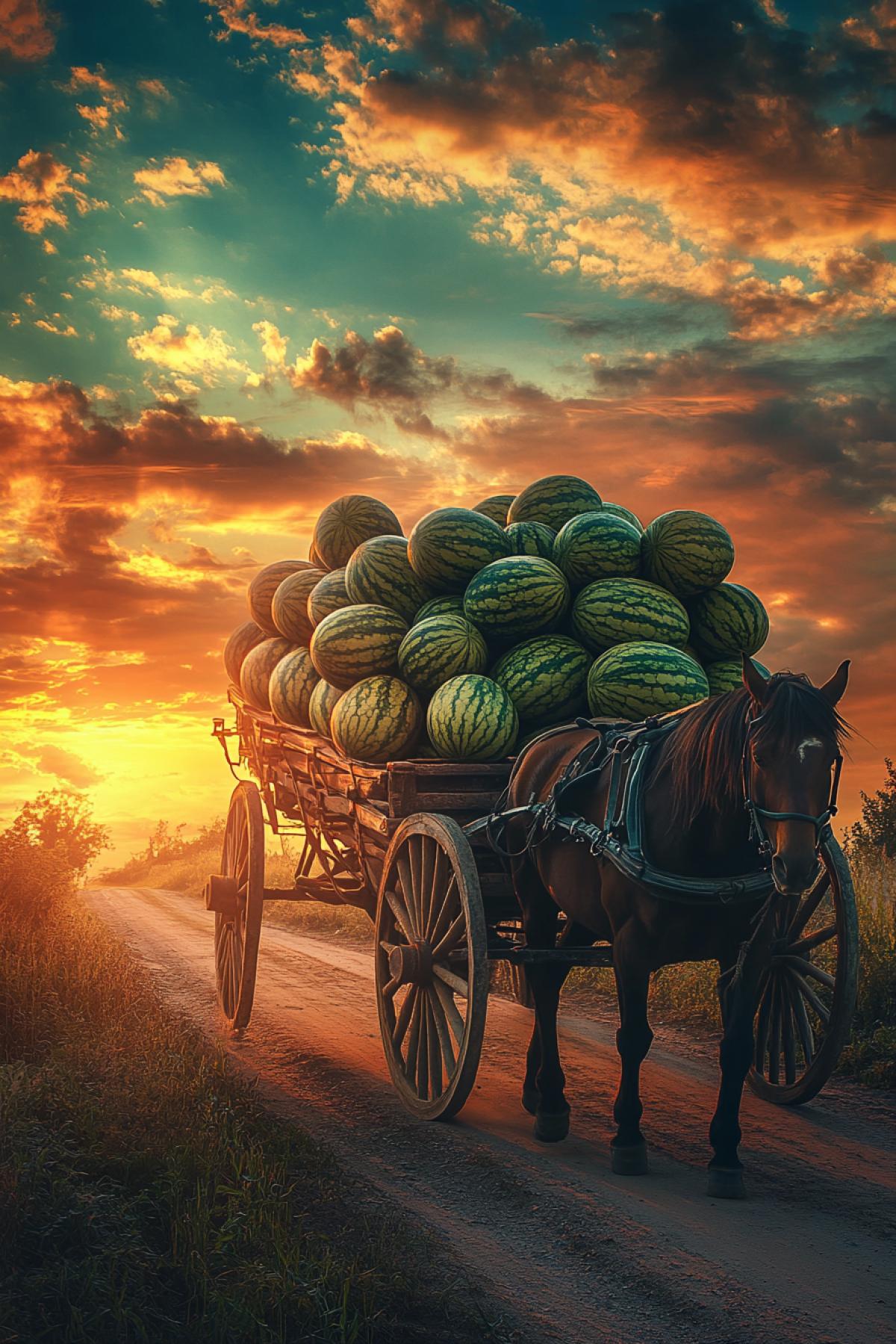 The last day of summer. A cart piled high with juicy, ripe, sweet watermelons is heading into the sunset. The driver is urging the horse on. Artistic photography. Bright colors.
