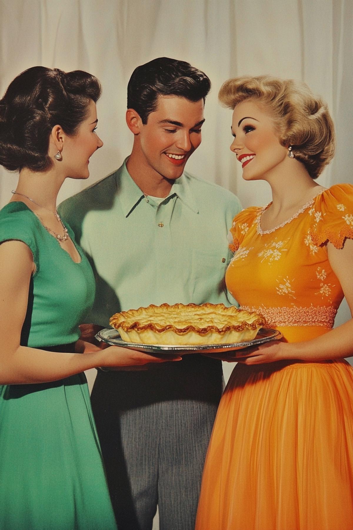 A man is between two women. He is leaving a young, energetic woman in a green and approaching a charming, full-figured woman in an orange slove, holding a tray of pies. A photograph from an advertising brochure.