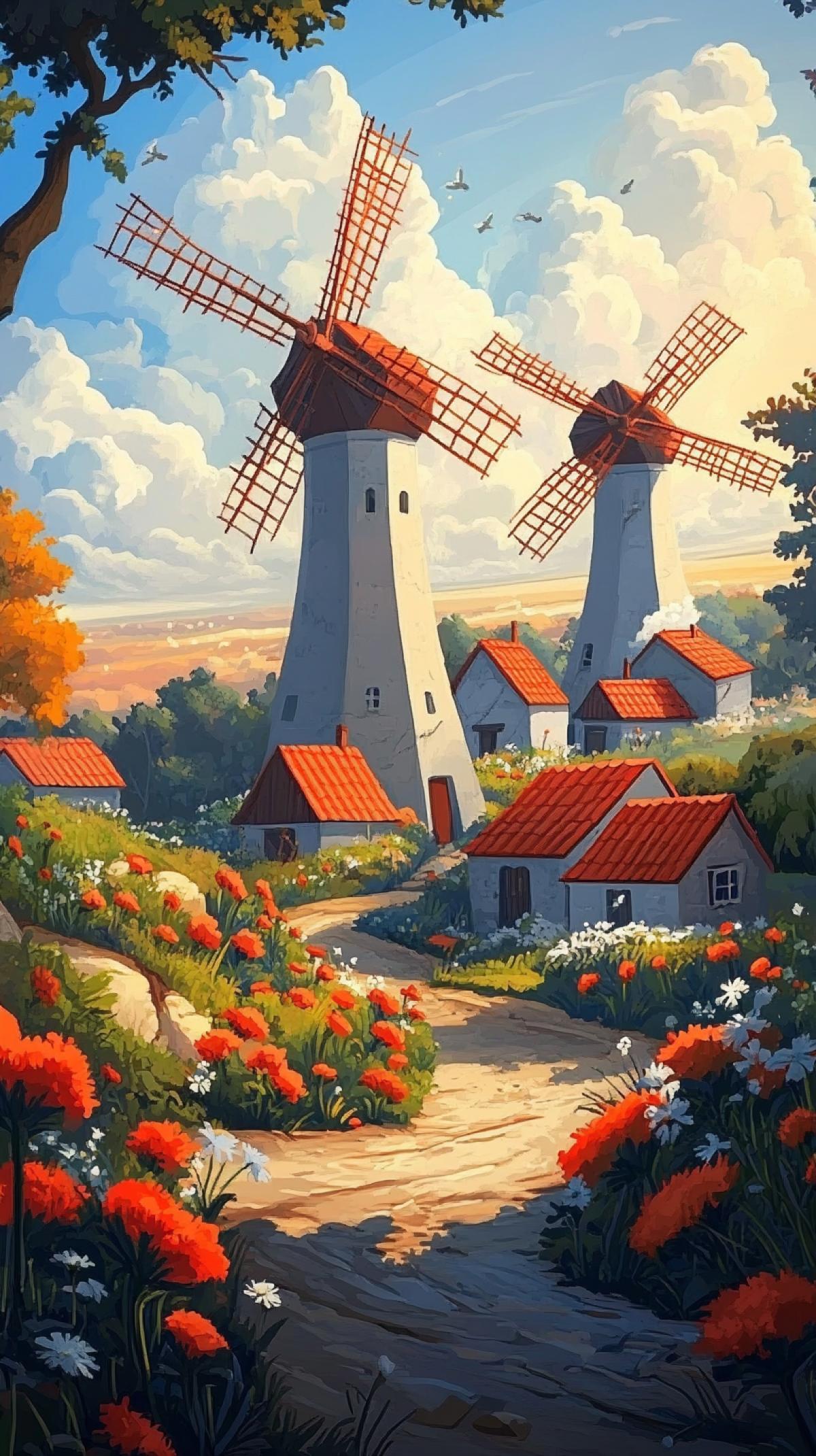 3d whimsical windmills made of cotton buds and hot glue, spinning in a surreal landscape, bright colors, glowing horizon, gentle motion