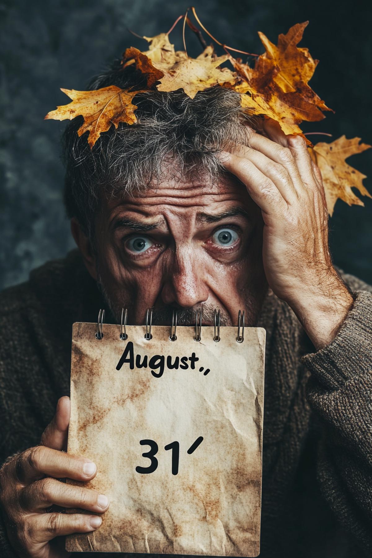 A middle-aged man in horror tears out his hair, yellowing foliage is reflected in his eyes and in his hand is a crumpled calendar with the inscription \"August, 31\"