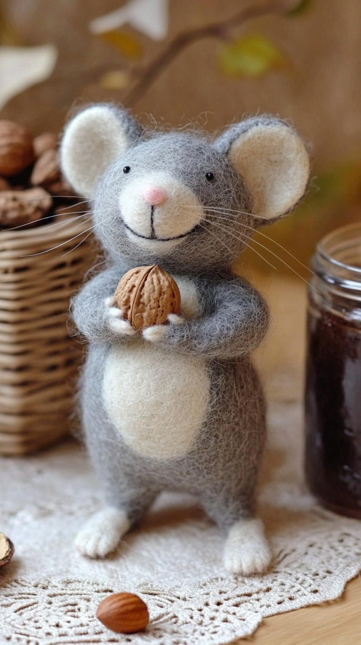 A charming cute fluffy and smiling mouse made of wool holds a nut on the tabletop near a small wicker basket-vase with walnuts and a jar of jam. Cozy art