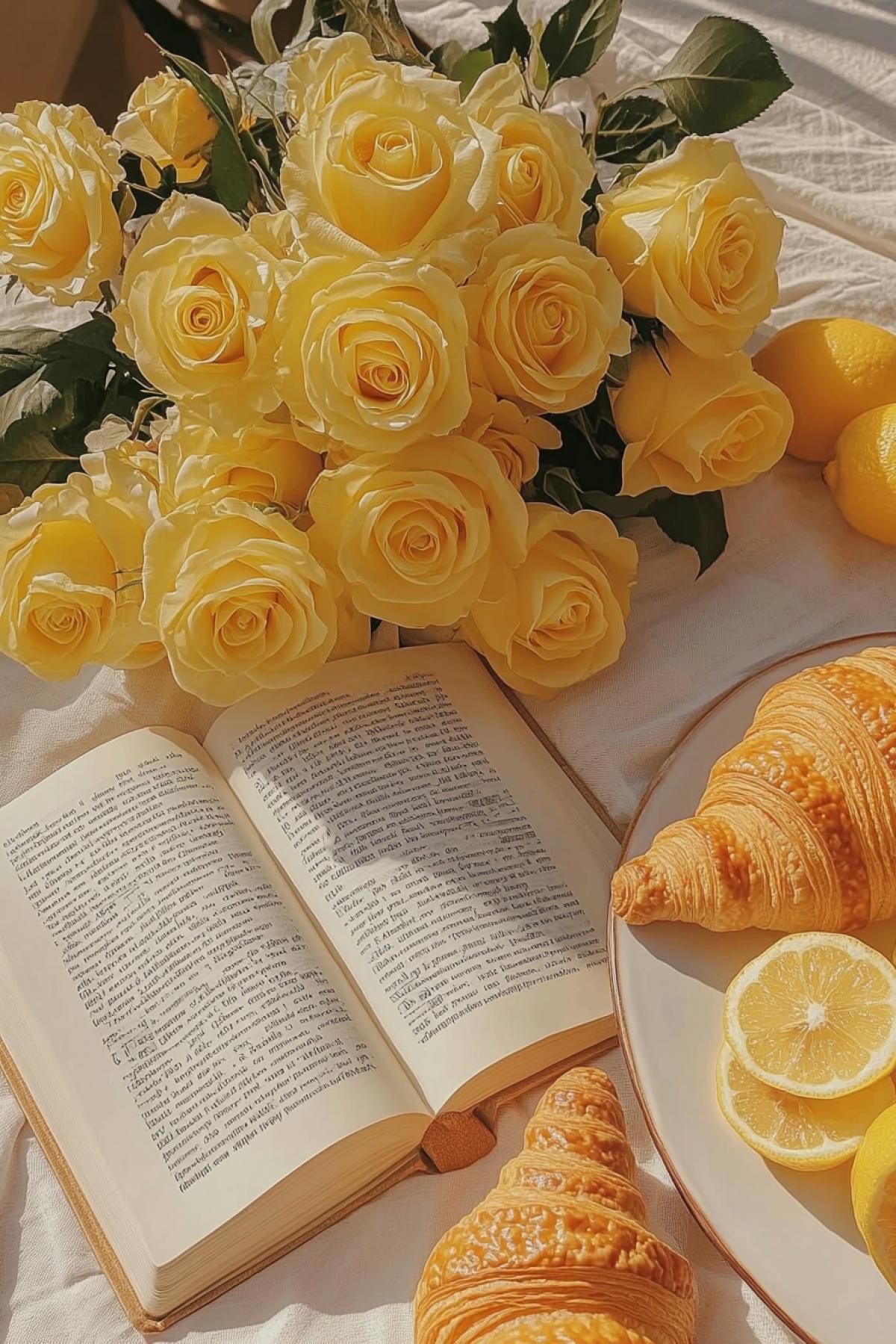 Still life, yellow roses on an open book, a plate with croissants, lemons and lemon slices
