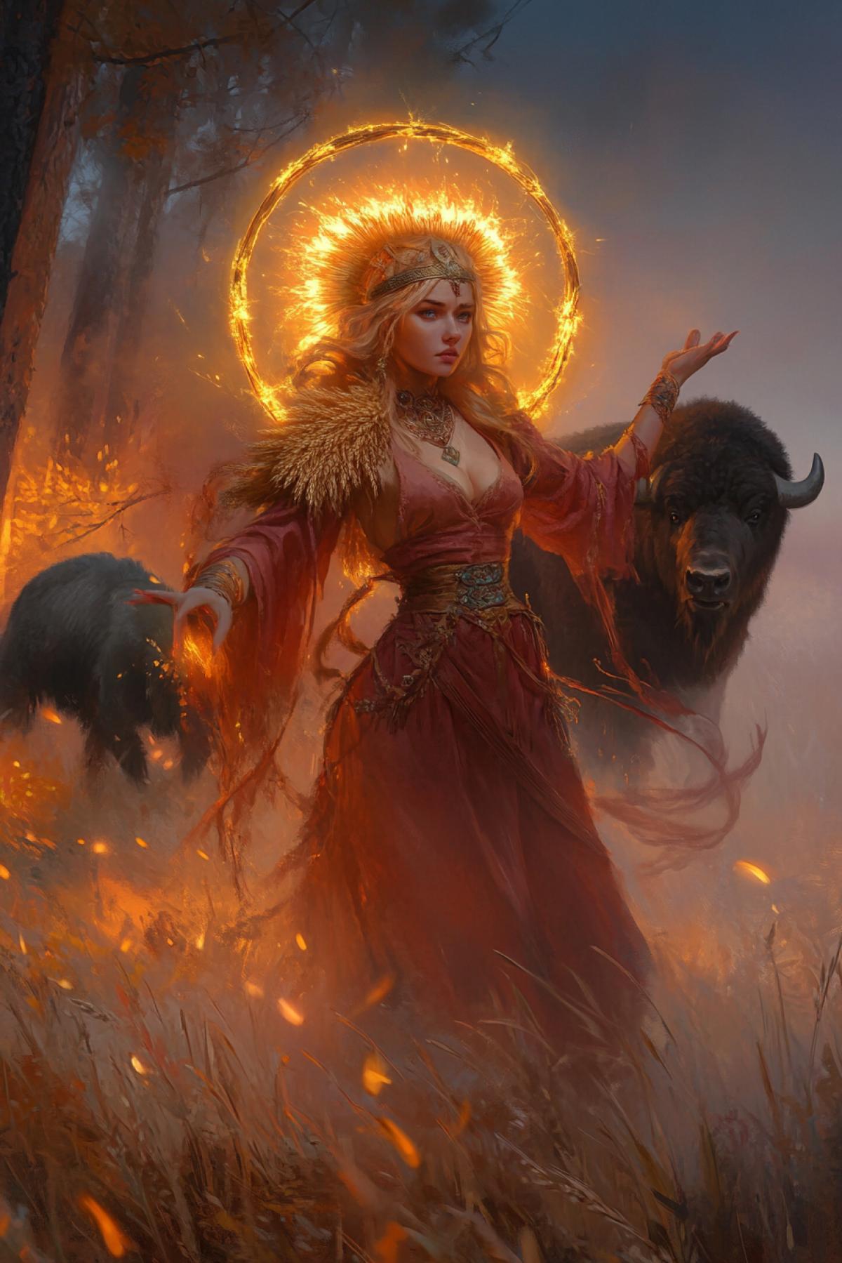 A young strong woman in Old Slavic attire in a blaze of glory, like a sun hoop on her head with golden rays radiating in a circle, presses a sheaf of wheat with one hand, in the other she has flashes of fire, in the forest, haze and sparks envelop her figure and the bison walking behind her and bear in the thicket of the forest, fabulous, surreal, ethnic