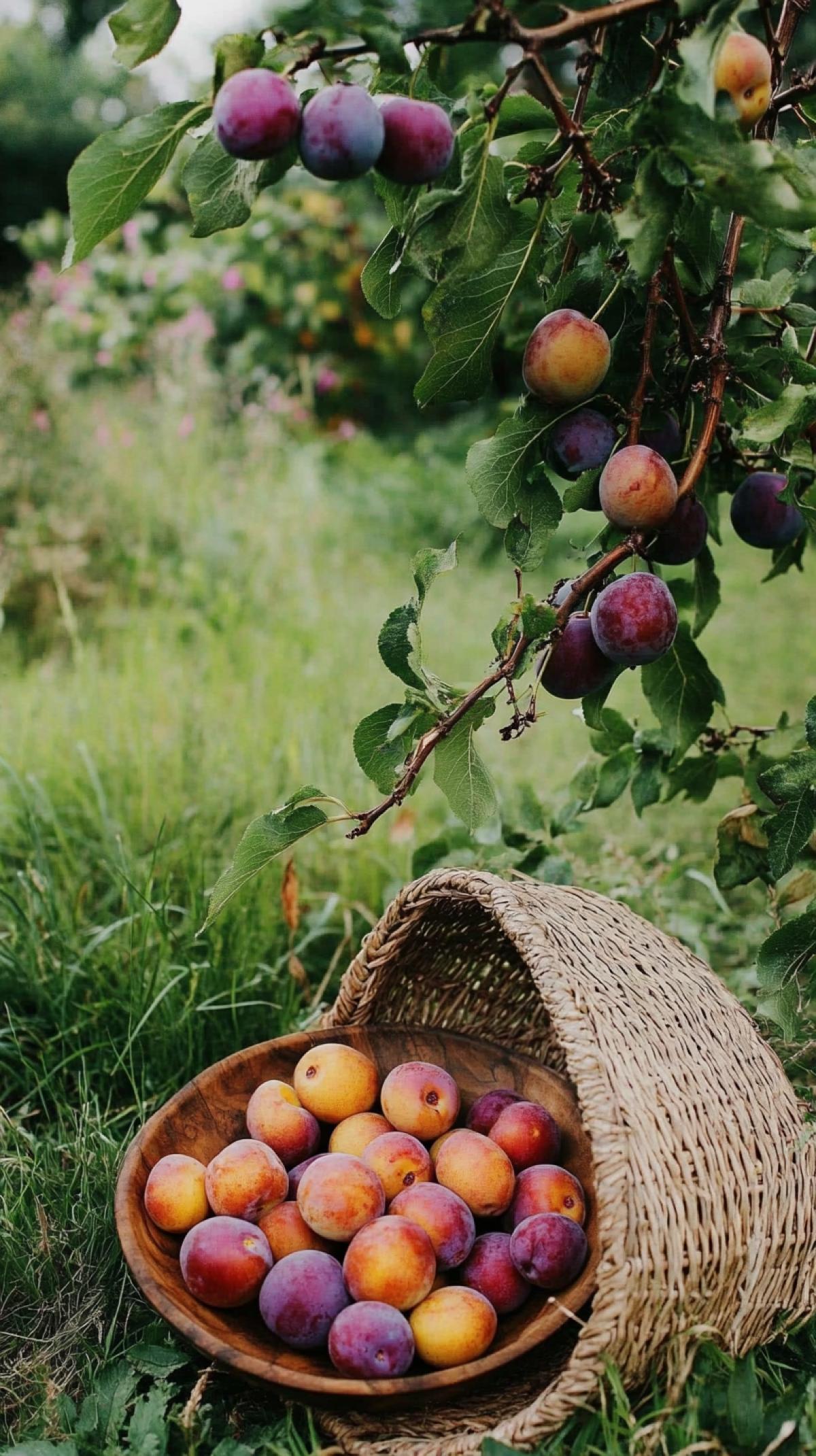 Under a hanging plum branch there is an old wooden dish with ripe plum fruits, next to it lies a wicker bag with branches with plums sticking out of it, grass, a blurred garden background