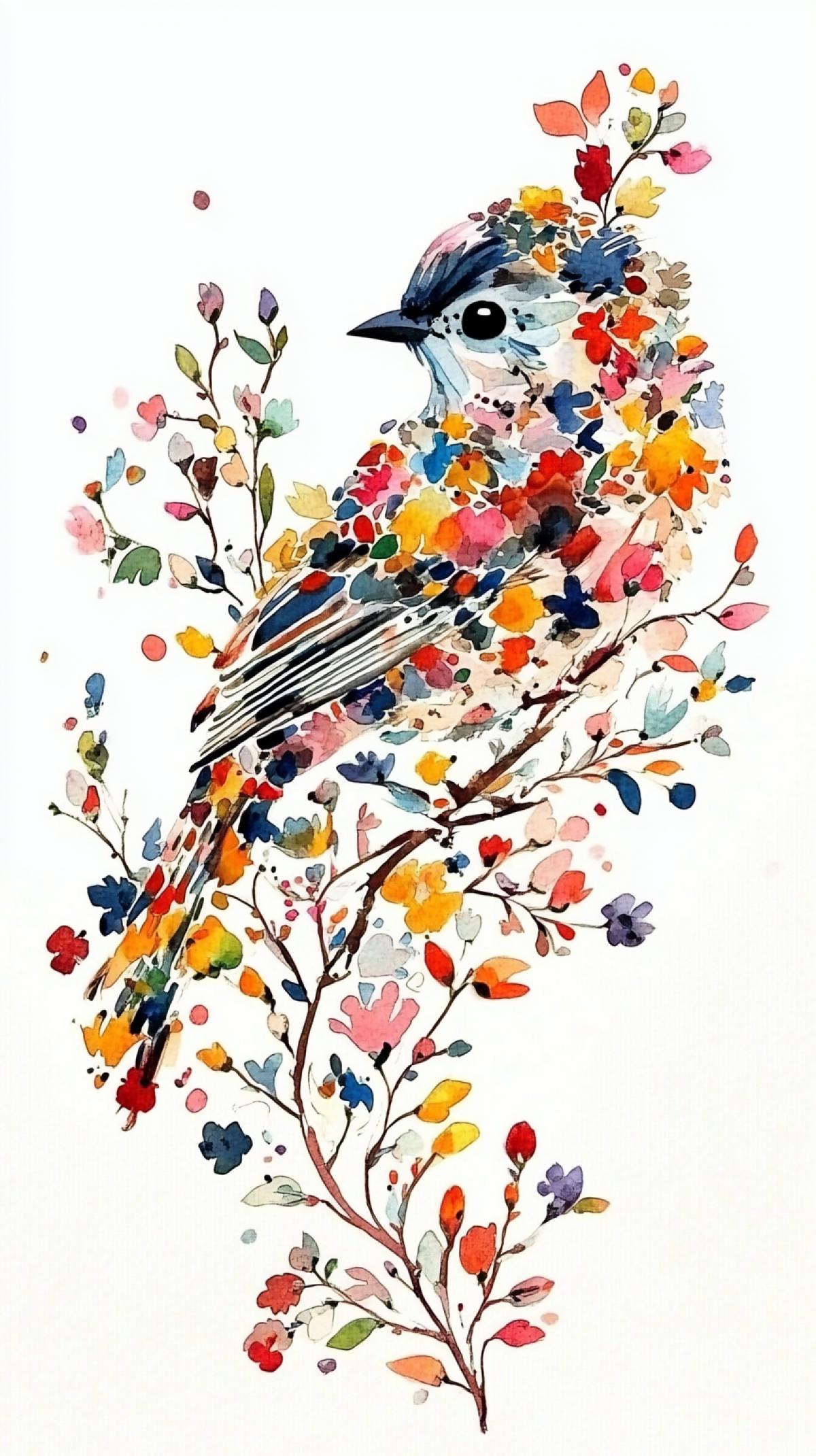 Bird on a branch, in a watercolor style, consisting of flowers of autumn color
